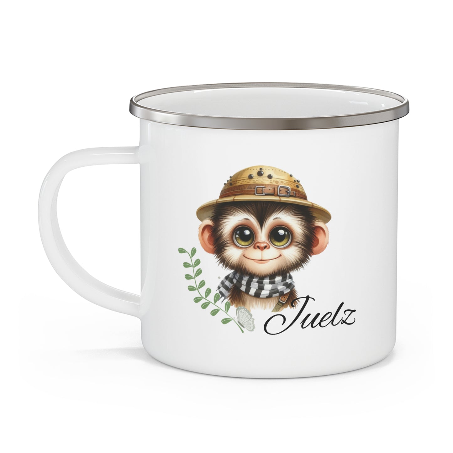 Enamel Mug — Cute Baby Monkey Camping Design with 'Juelz' Name