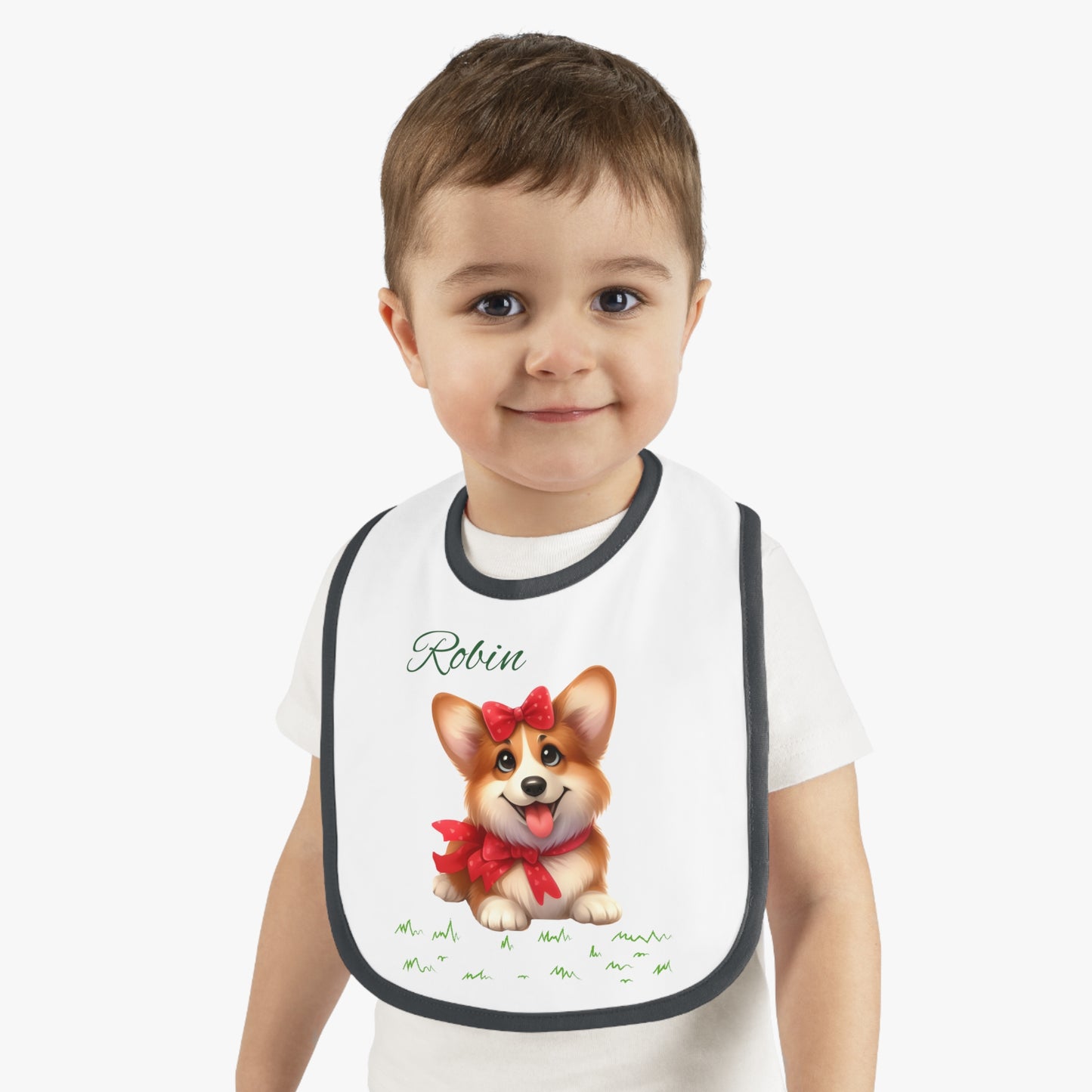 Personalized Corgi Baby Bib — Custom Name Contrast-Trim Jersey Bib