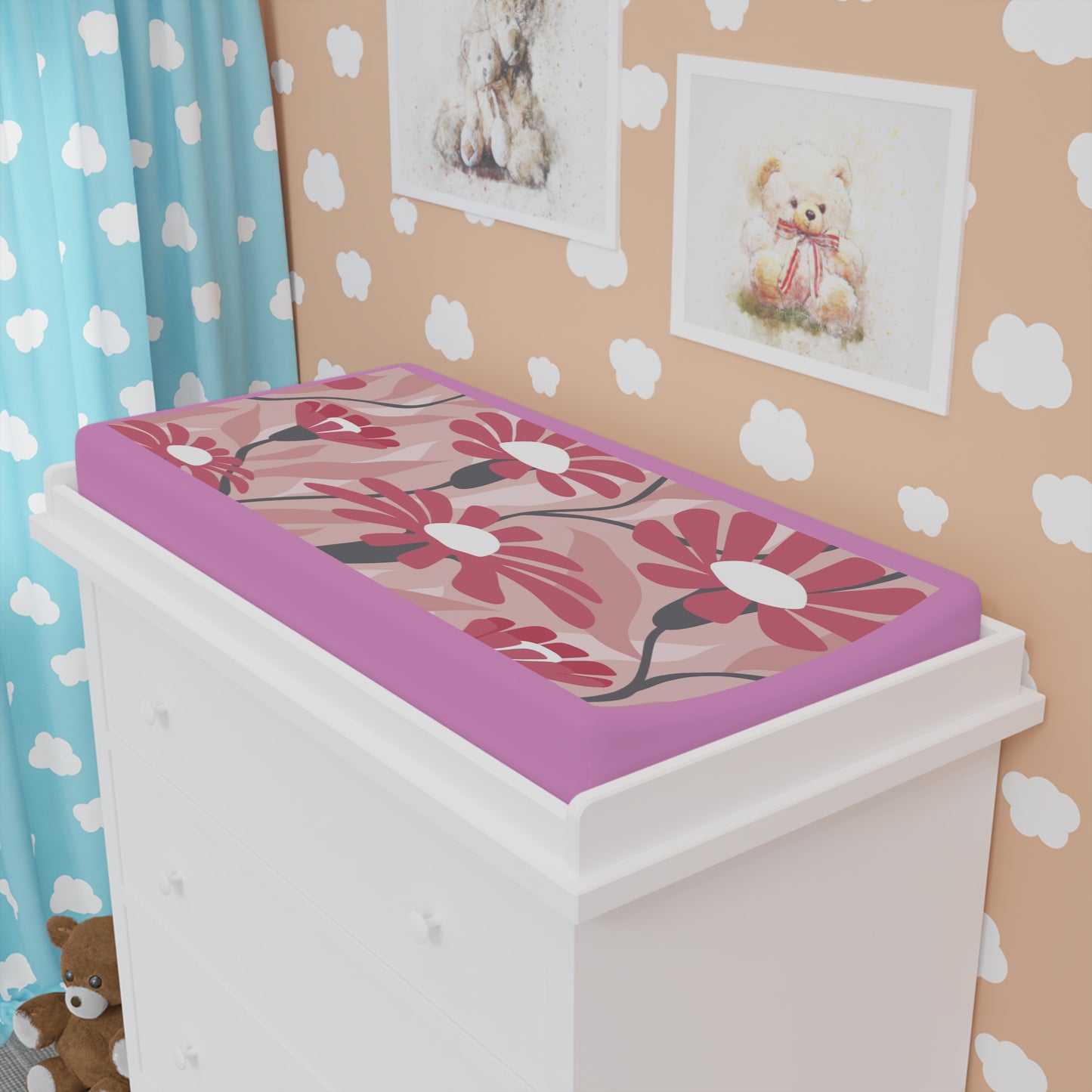Floral Pink Baby Changing Pad Cover — Soft Daisy Print Nursery Accessory