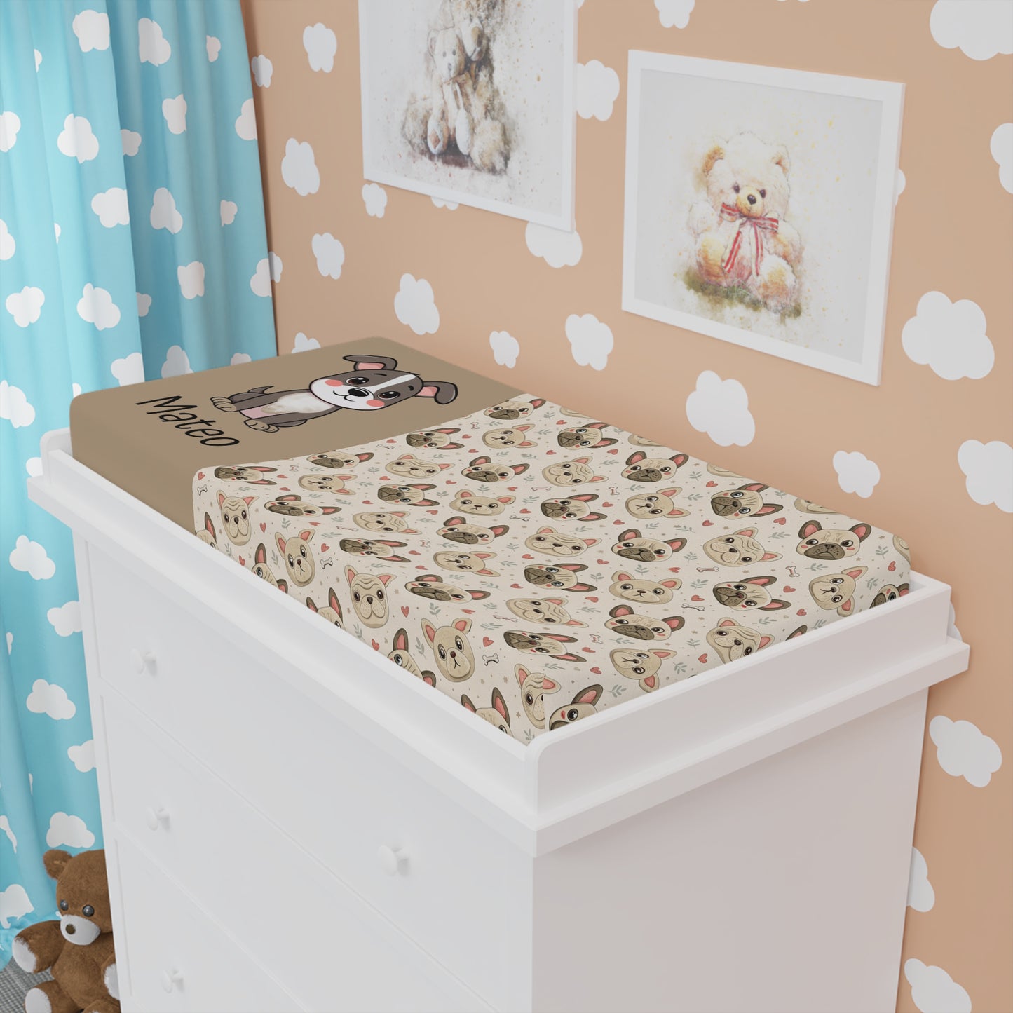 Personalized Puppy Baby Changing Pad Cover — Neutral Beige Dog Pattern