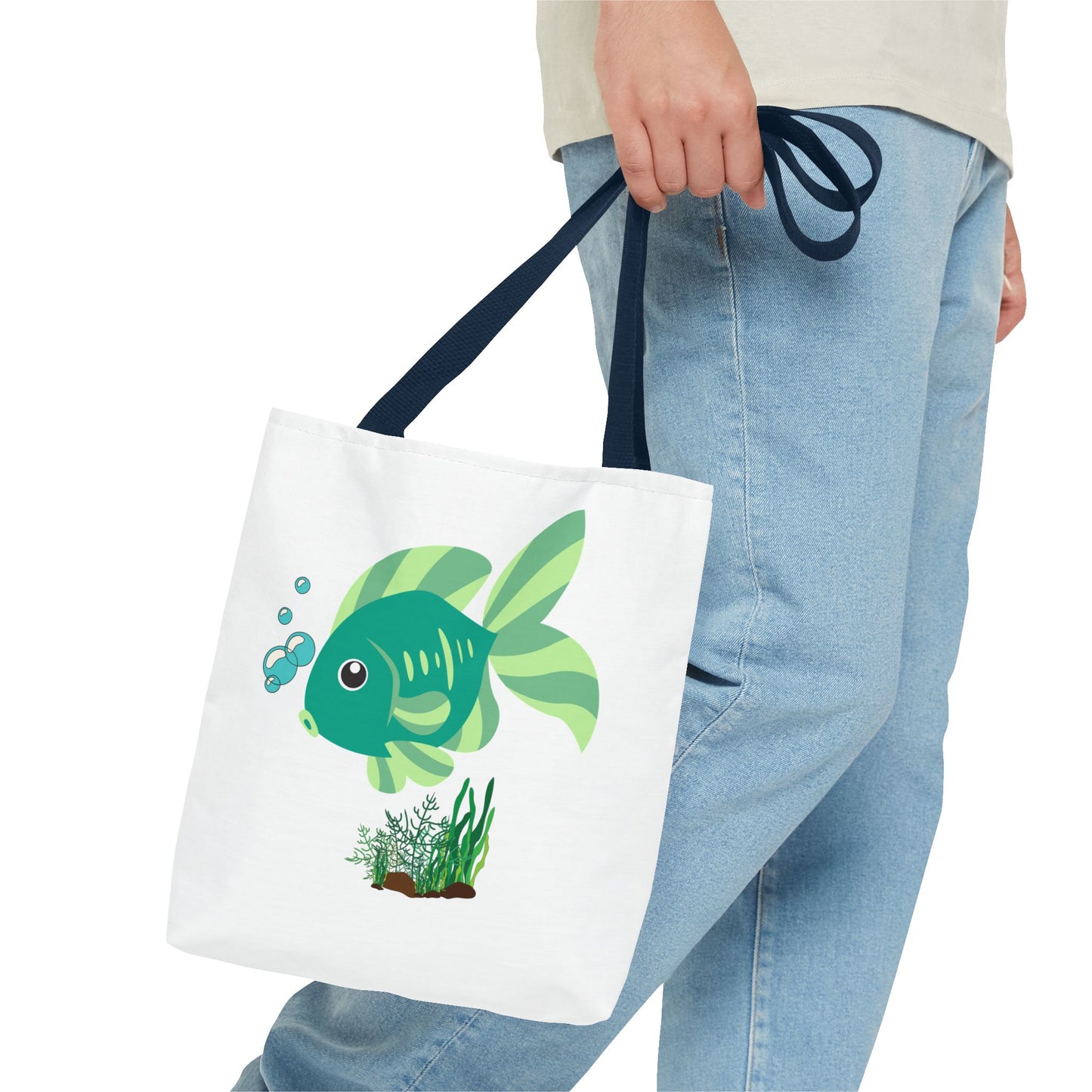 Green fish with bubbles and aquatic plants Tote Bag