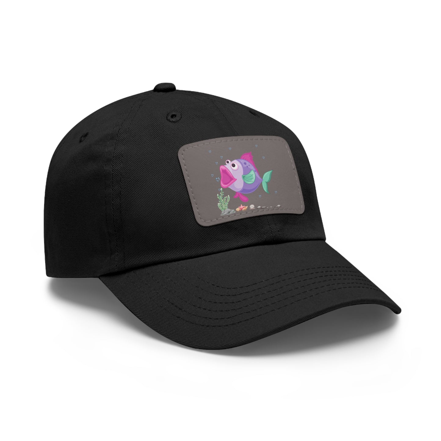 Fish with open mouth bubbles and underwater flora Dad Hat with Leather Patch (Rectangle)