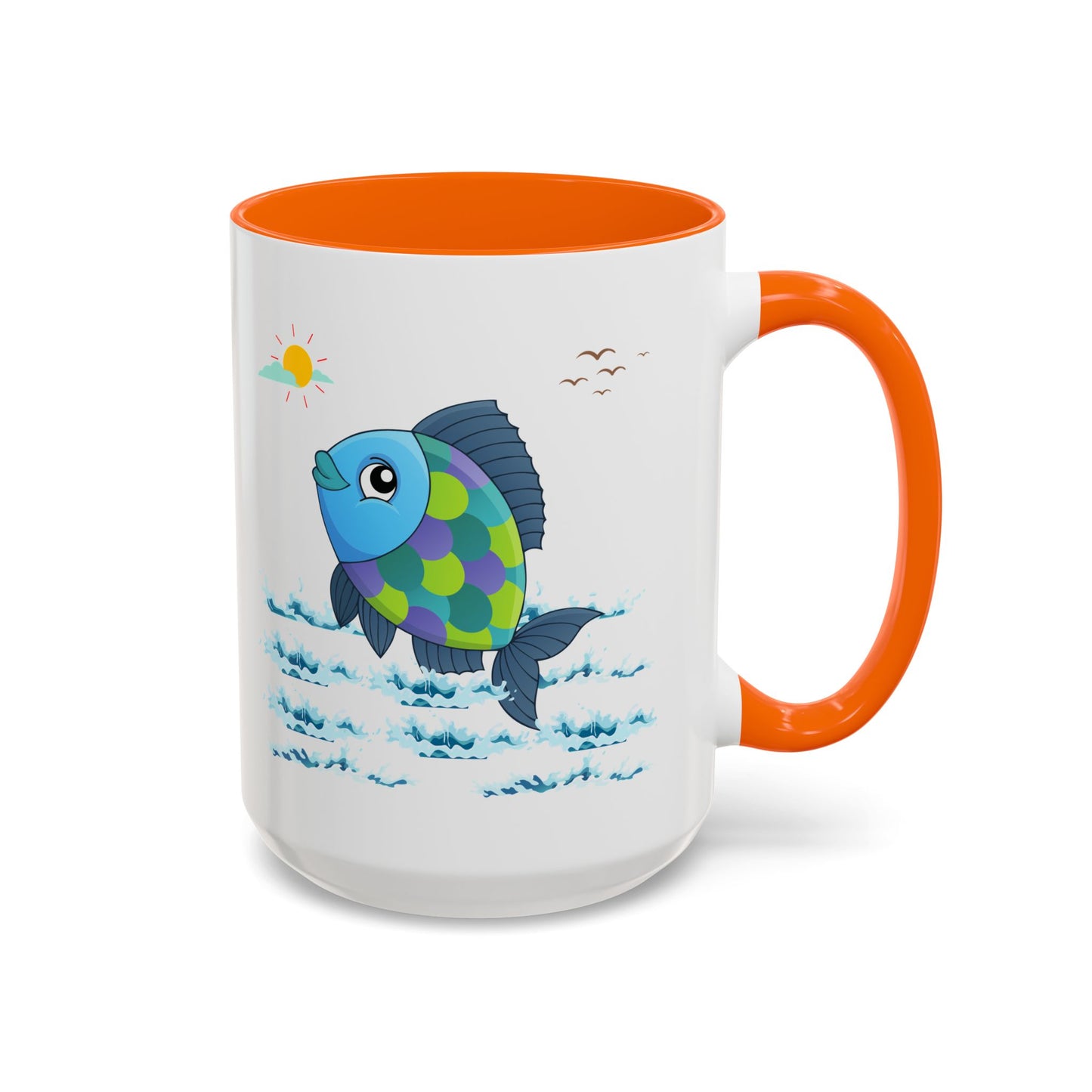 Fish with a sun and birds in the sky above water Coffee Mug