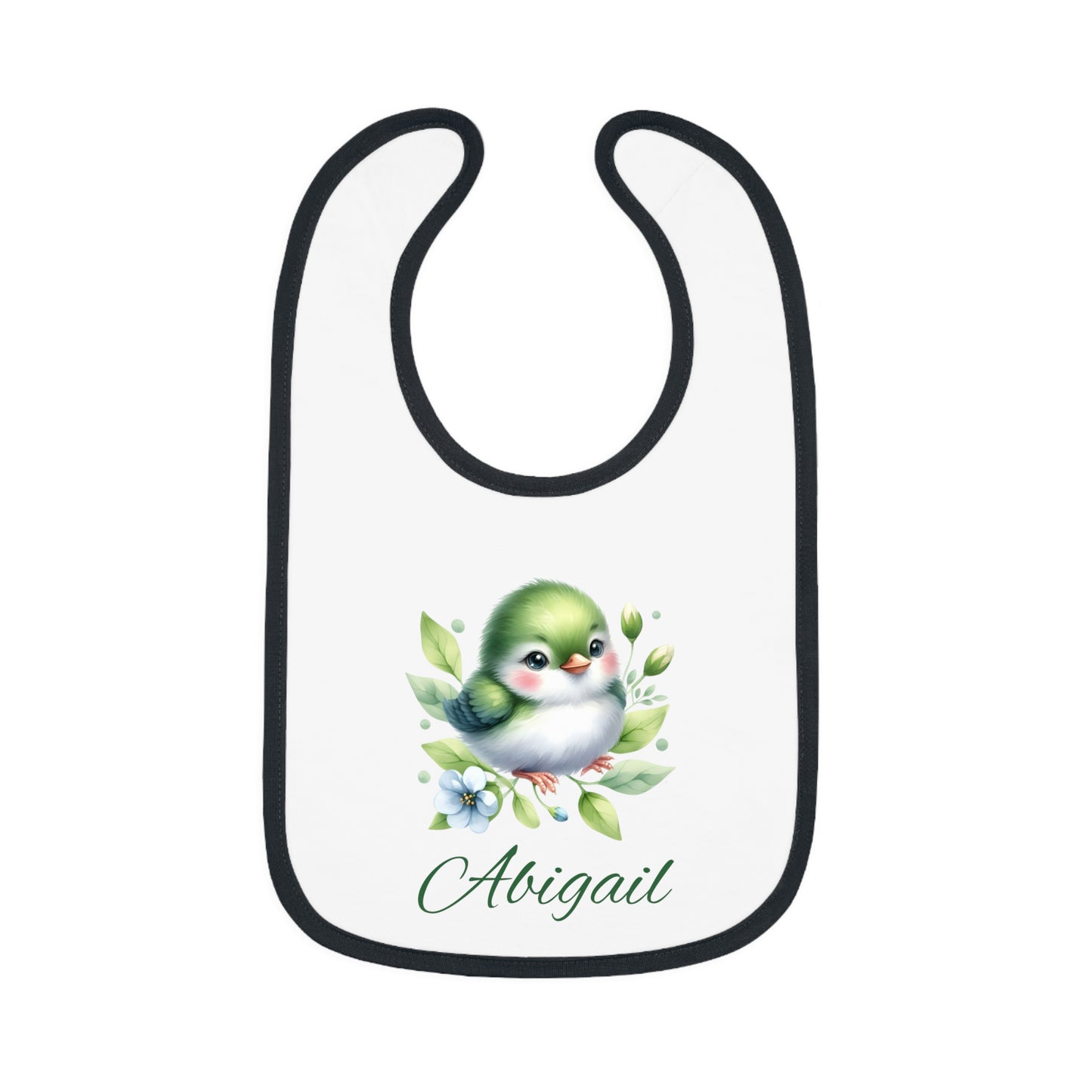 Personalized Baby Bib — Green Watercolor Bird with Name