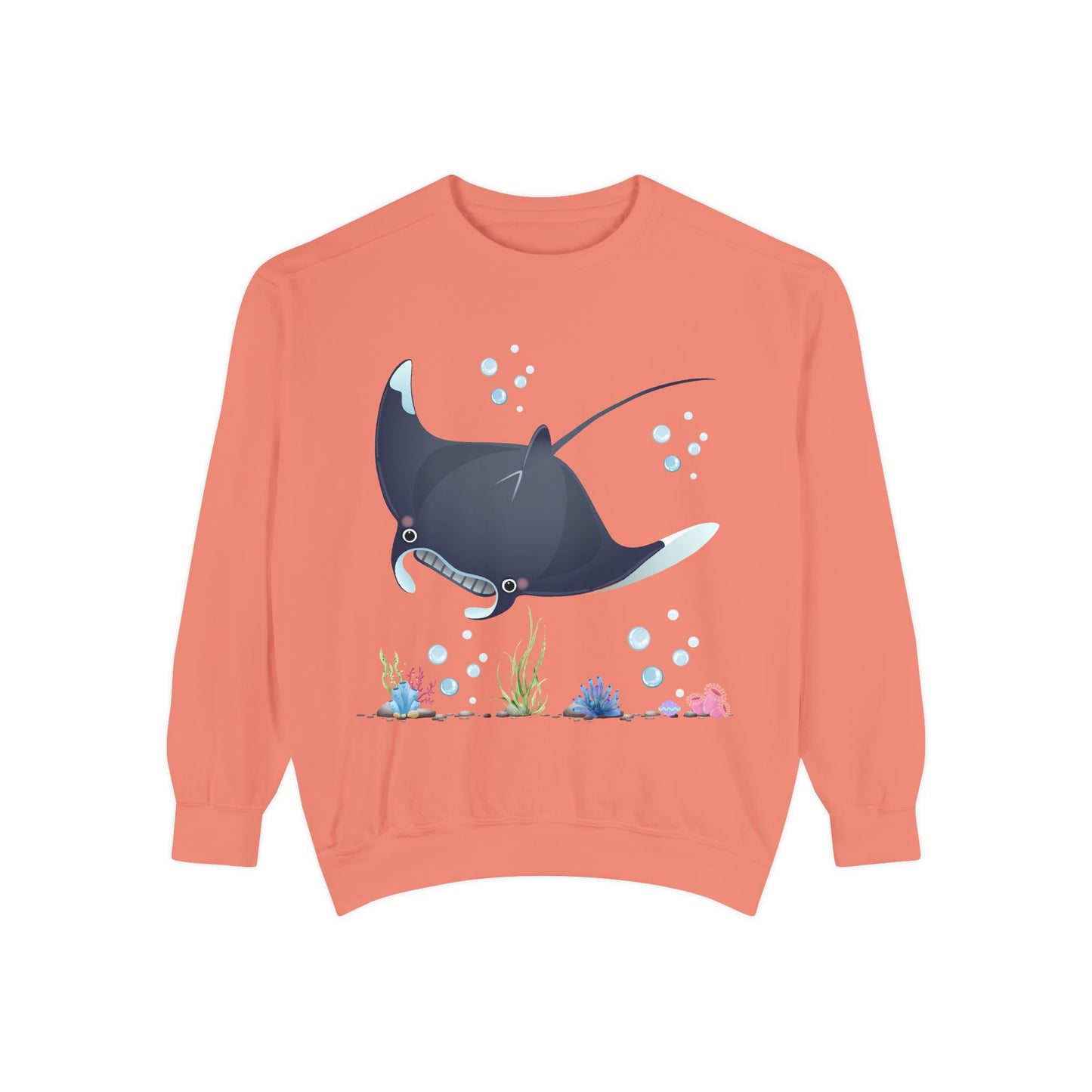 Manta ray with bubbles and coral reef Unisex Garment-Dyed Sweatshirt
