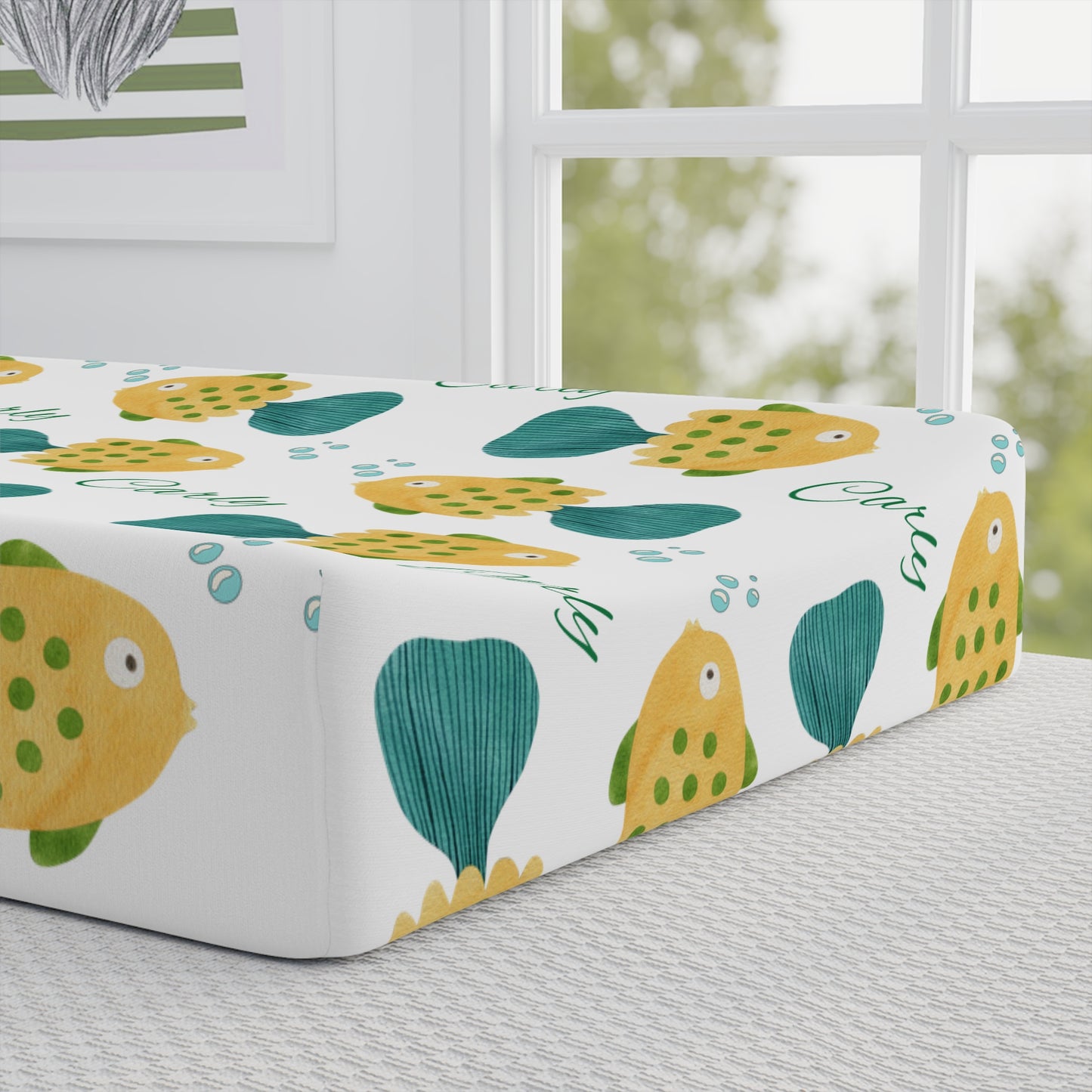 Yellow fish Changing Pad Cover — Yellow Green Strawberry Pattern
