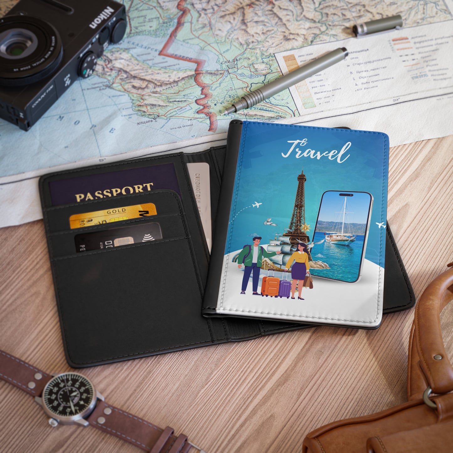 Travel Passport Cover – 'Travel' Eiffel Tower & Yacht Illustration Passport Holder for Couples & Vacationers