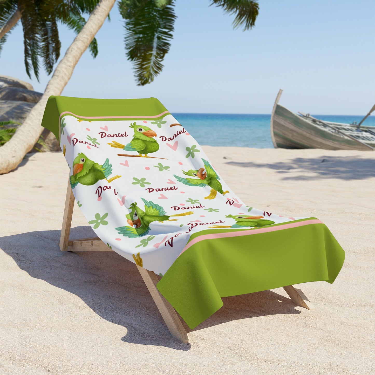 Personalized Parrot Beach Towel – Tropical Green Bird Pattern (Custom Name)