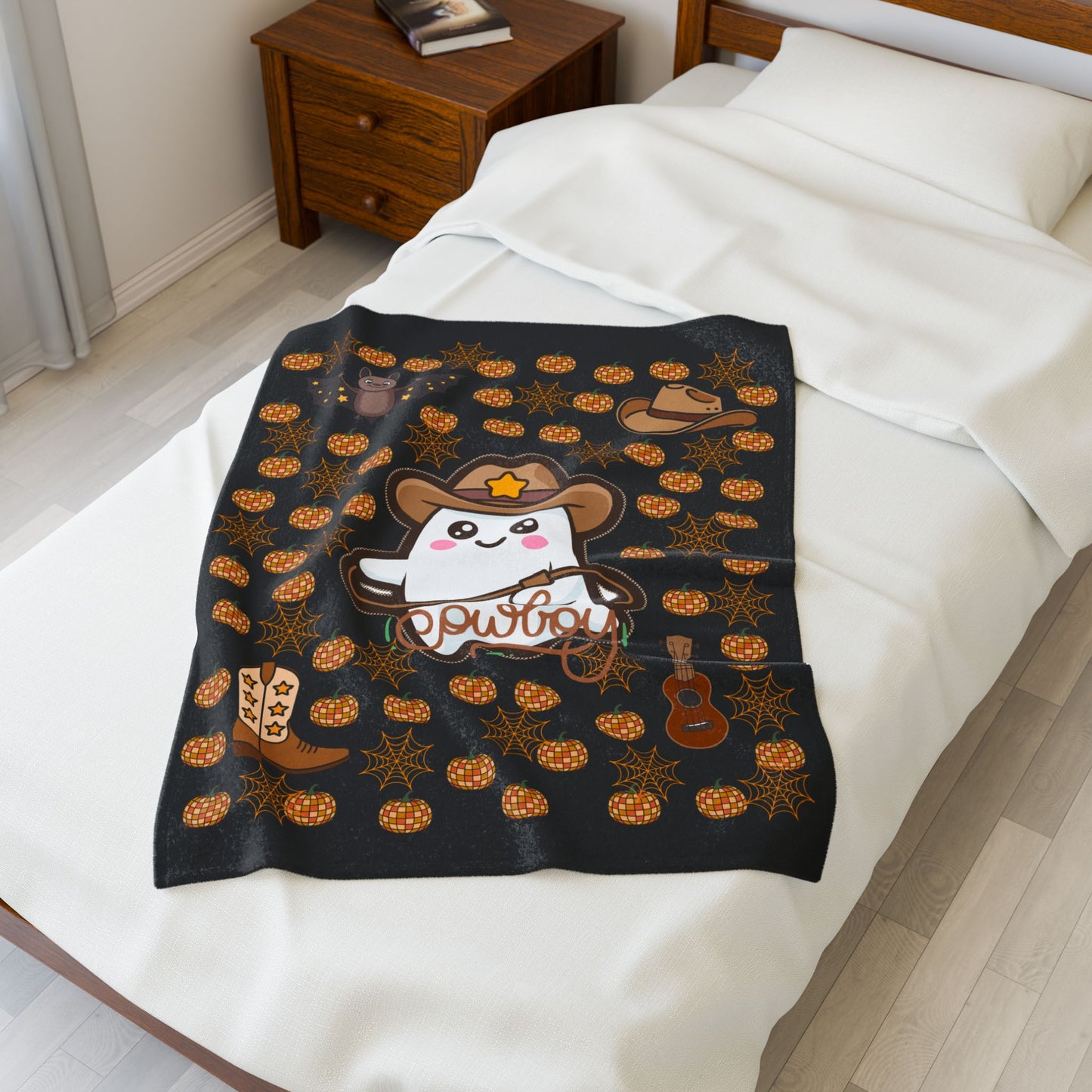 Cowboy Ghost Plush Blanket, Cozy Throw, Halloween Decor, Gift for Kids, Cute Home Accessory, Soft Blanket for Fall