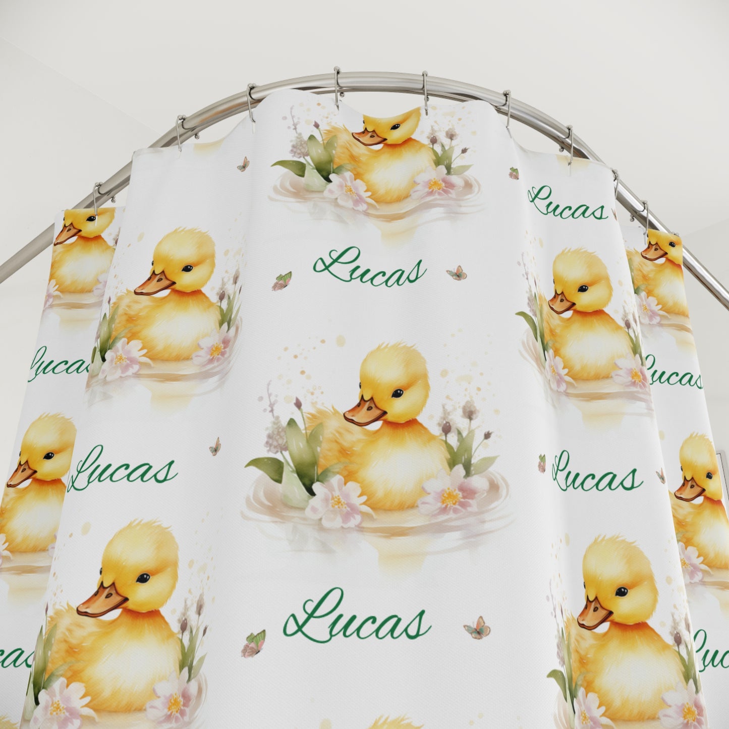Duckling Name Shower Curtain — Personalized 'Lucas' Baby Floral Bath Decor