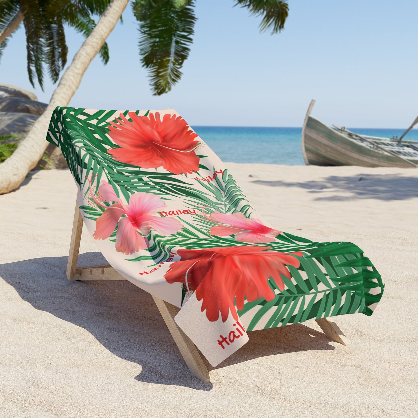 Tropical Hibiscus Beach Towel – Pink & Red Floral Palm Leaves