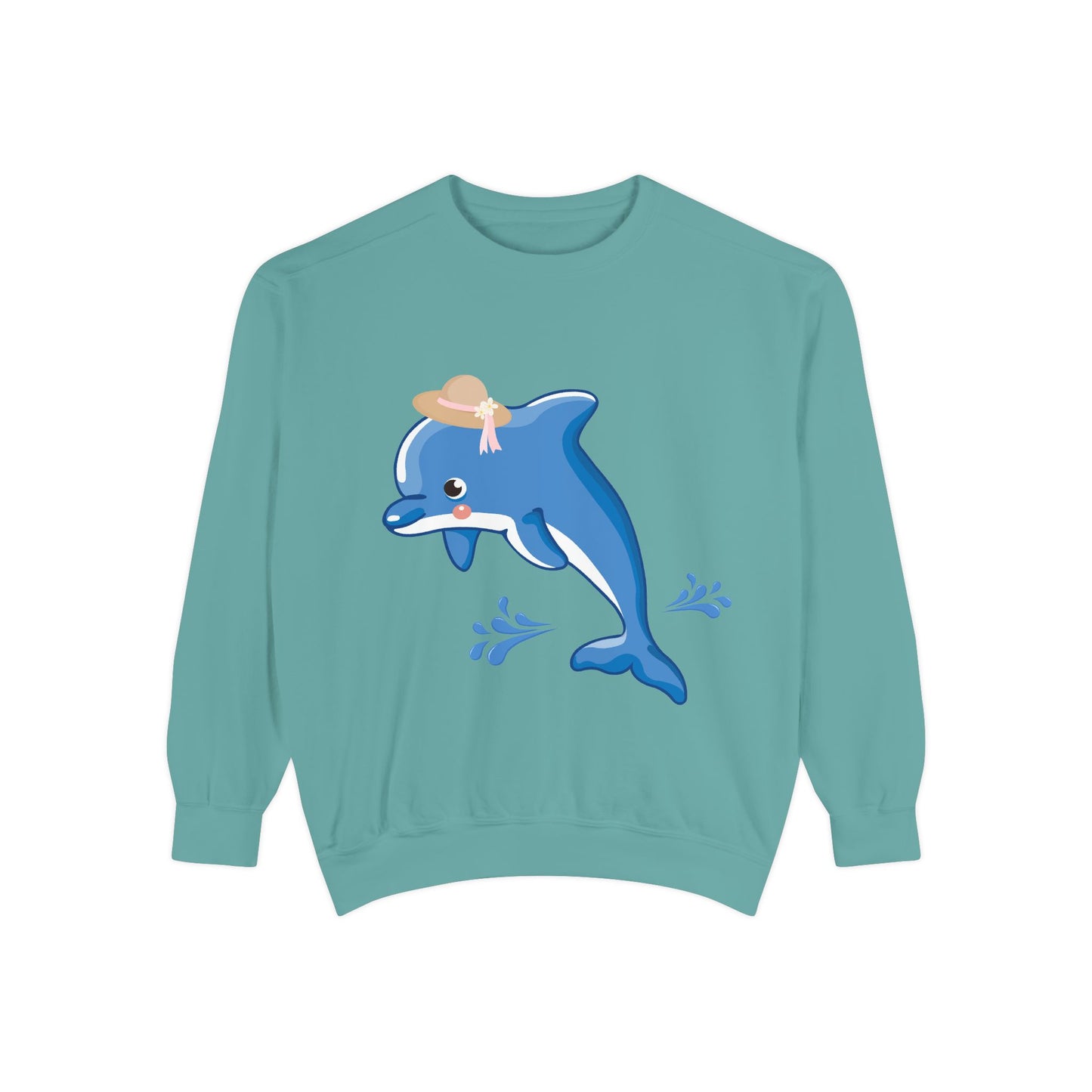 Dolphin wearing a straw hat with stylized water splashes Unisex Garment-Dyed Sweatshirt