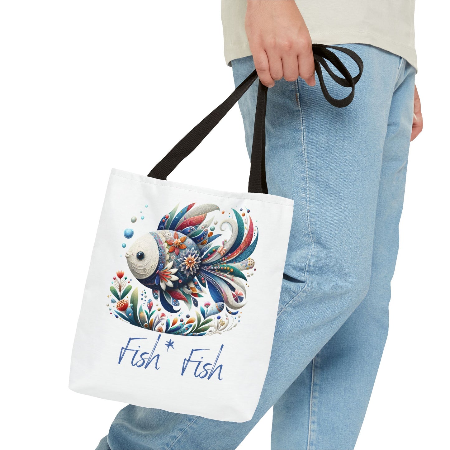 Floral Fish Tote Bag — Colorful Whimsical "Fish Fish" Canvas Tote
