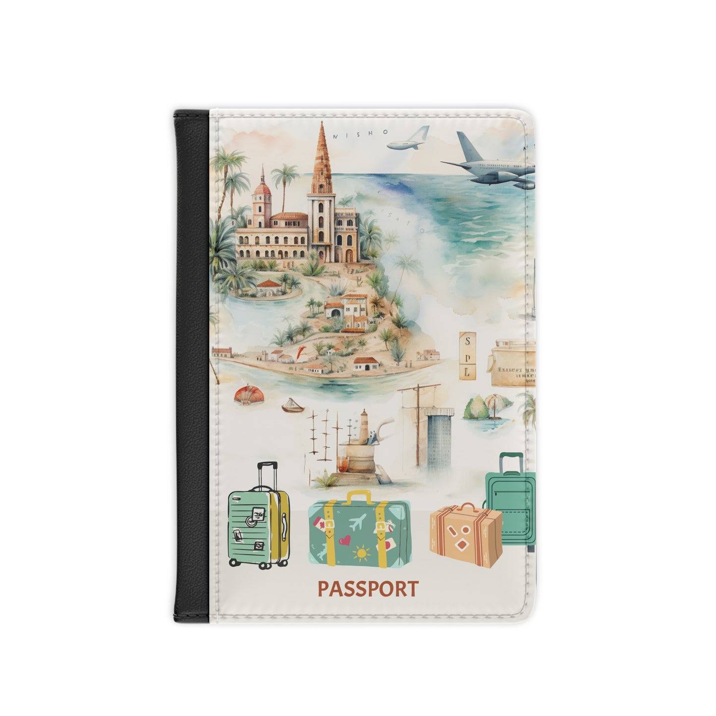 Travel Map Passport Cover — Vintage Luggage & Island Illustration