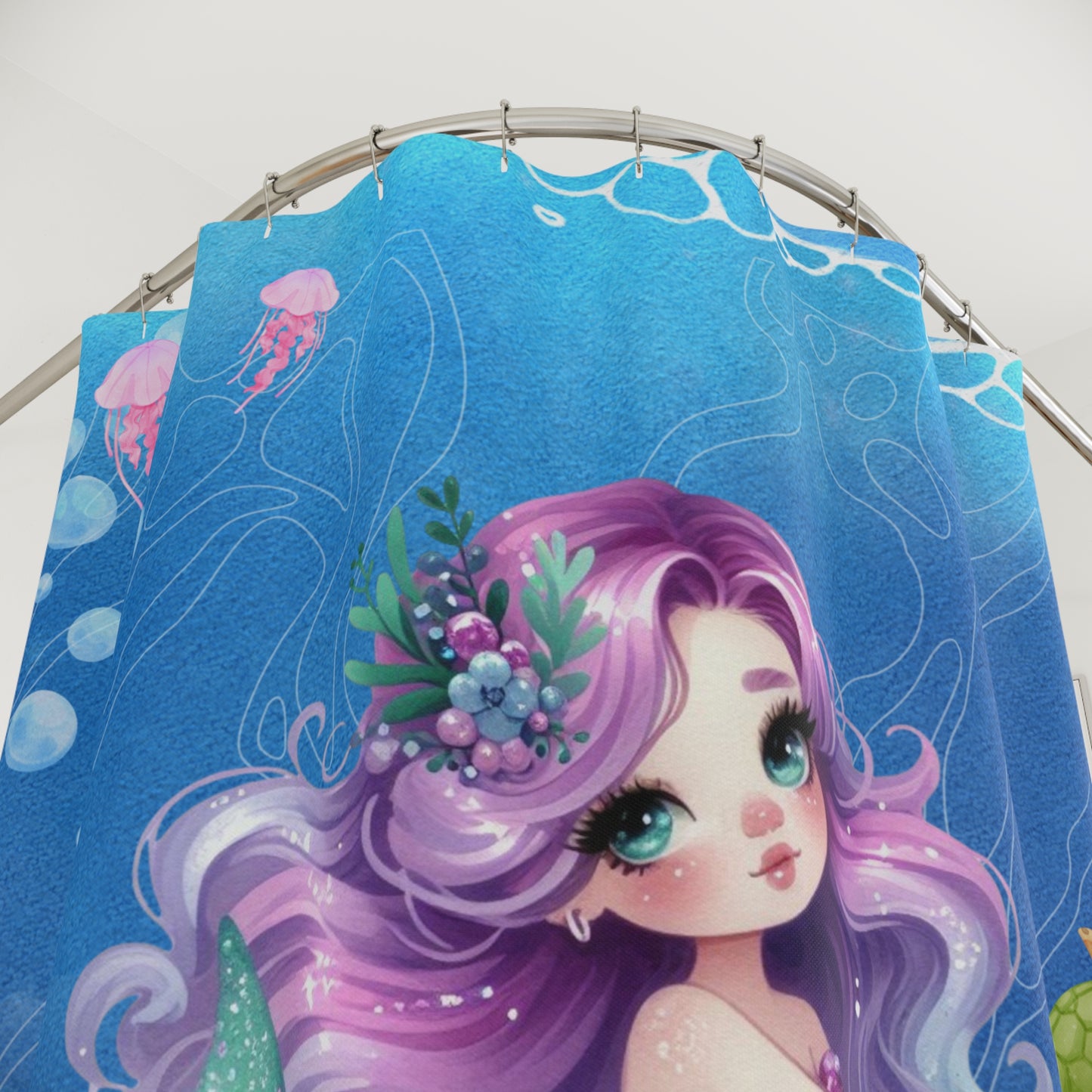 Mermaid Shower Curtain — Cute Purple-Haired Kids Ocean Bath Decor