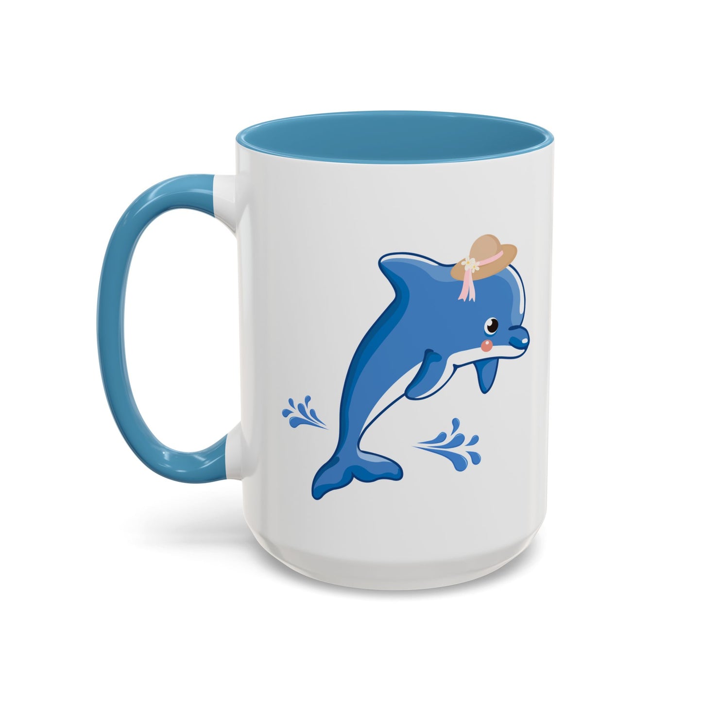 Dolphin wearing a straw hat with stylized water splashes Coffee Mug