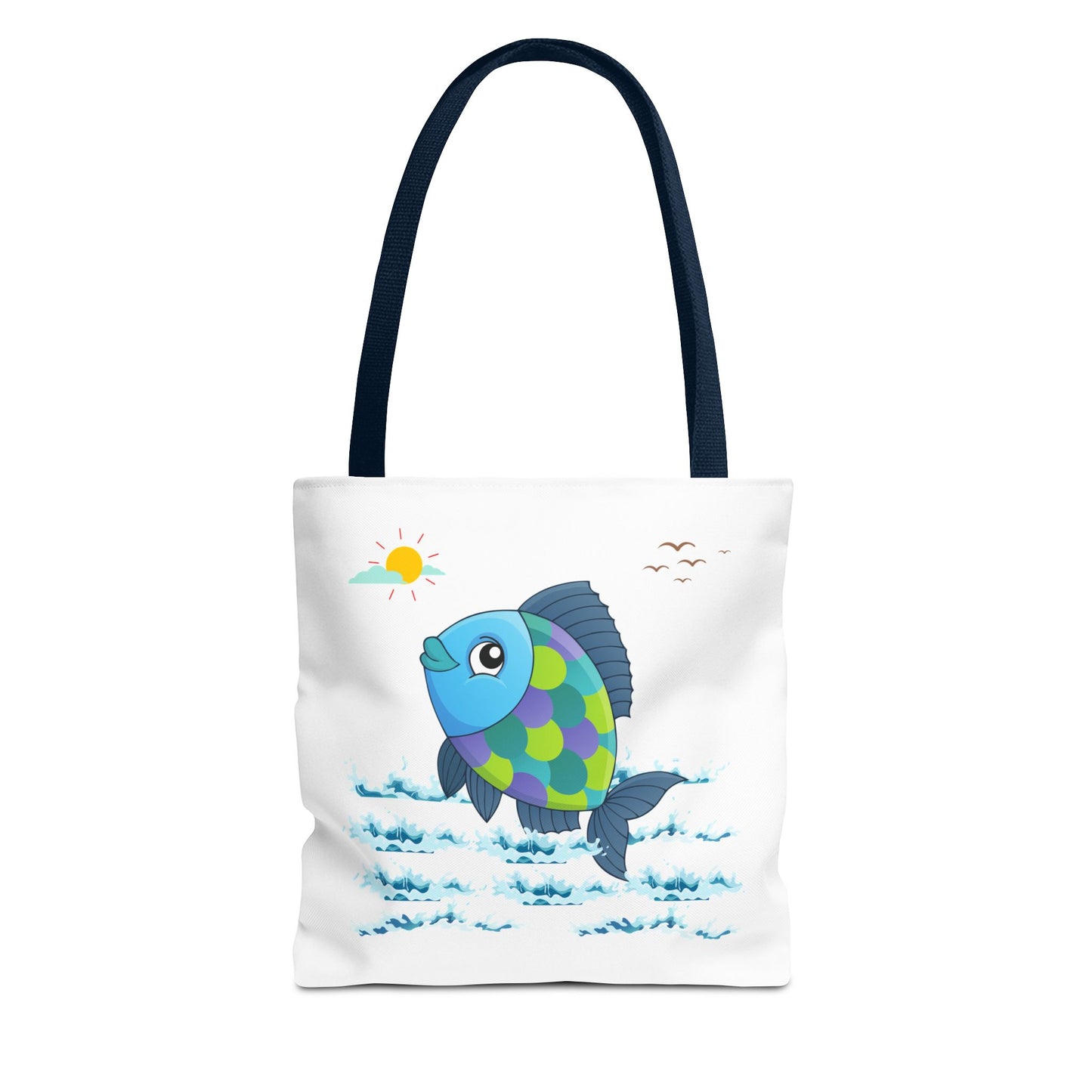 Fish with a sun and birds in the sky above water Tote Bag