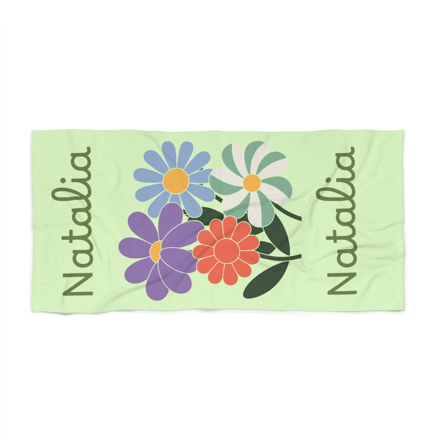 Personalized Floral Beach Towel – Custom Name Natalia, Pastel Green Summer Towel