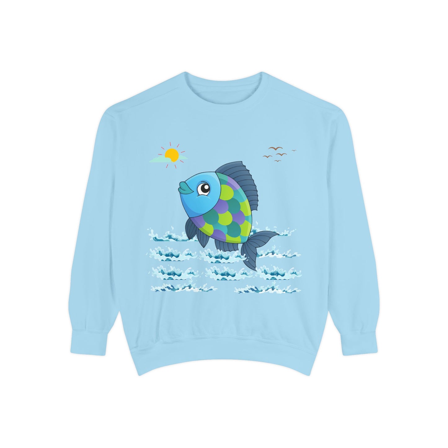 Fish with a sun and birds in the sky above water Unisex Garment-Dyed Sweatshirt