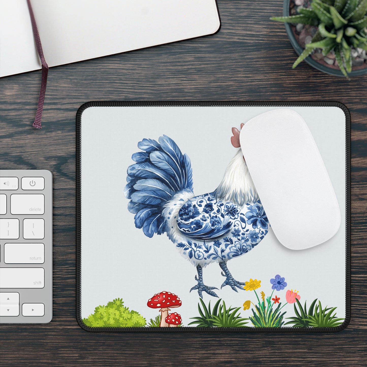 Rooster Ceramic Blue Floral Gaming Mouse Pad — Farmhouse Kitchen Desk Mat