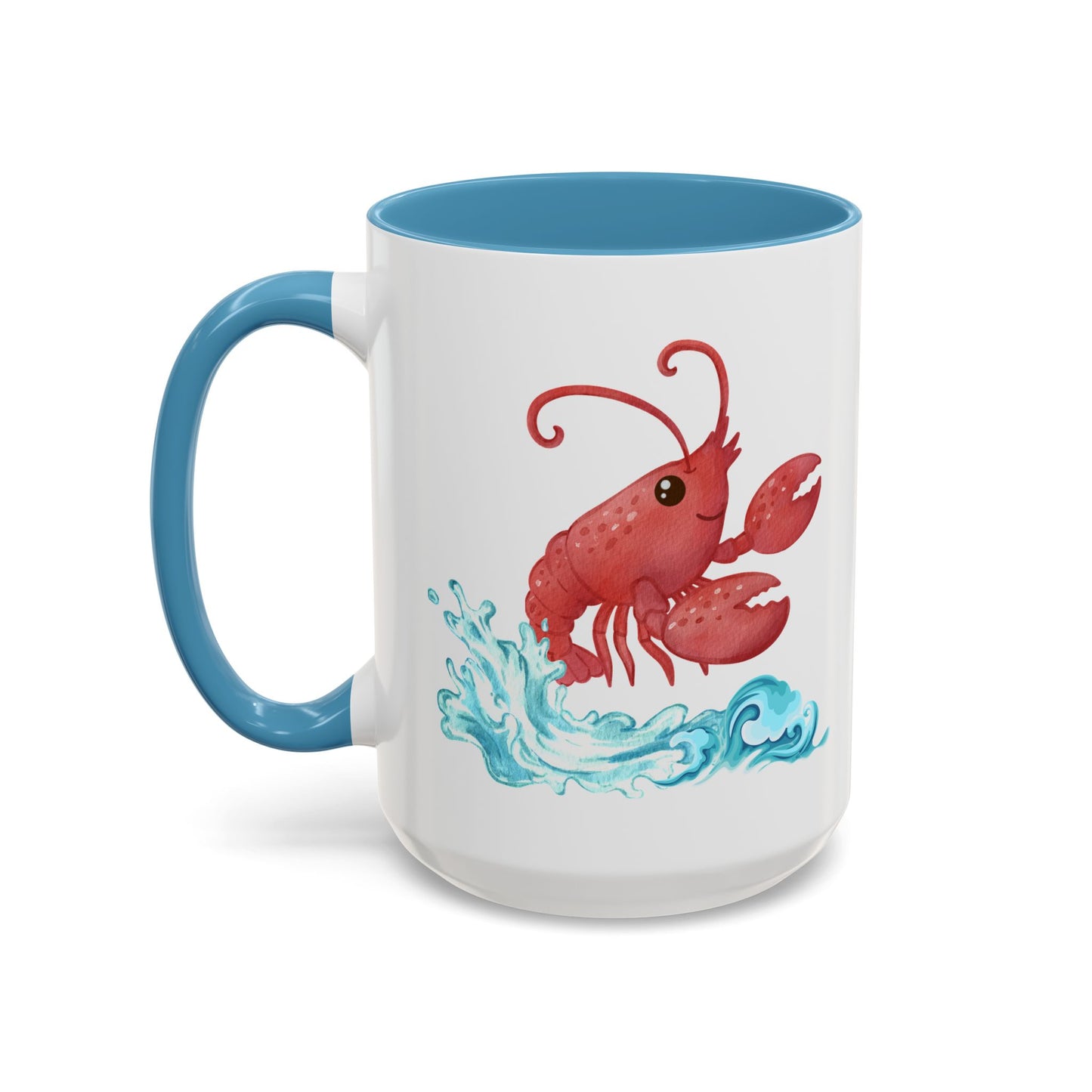 Cheerful red lobster emerging from stylized blue waves Coffee Mug