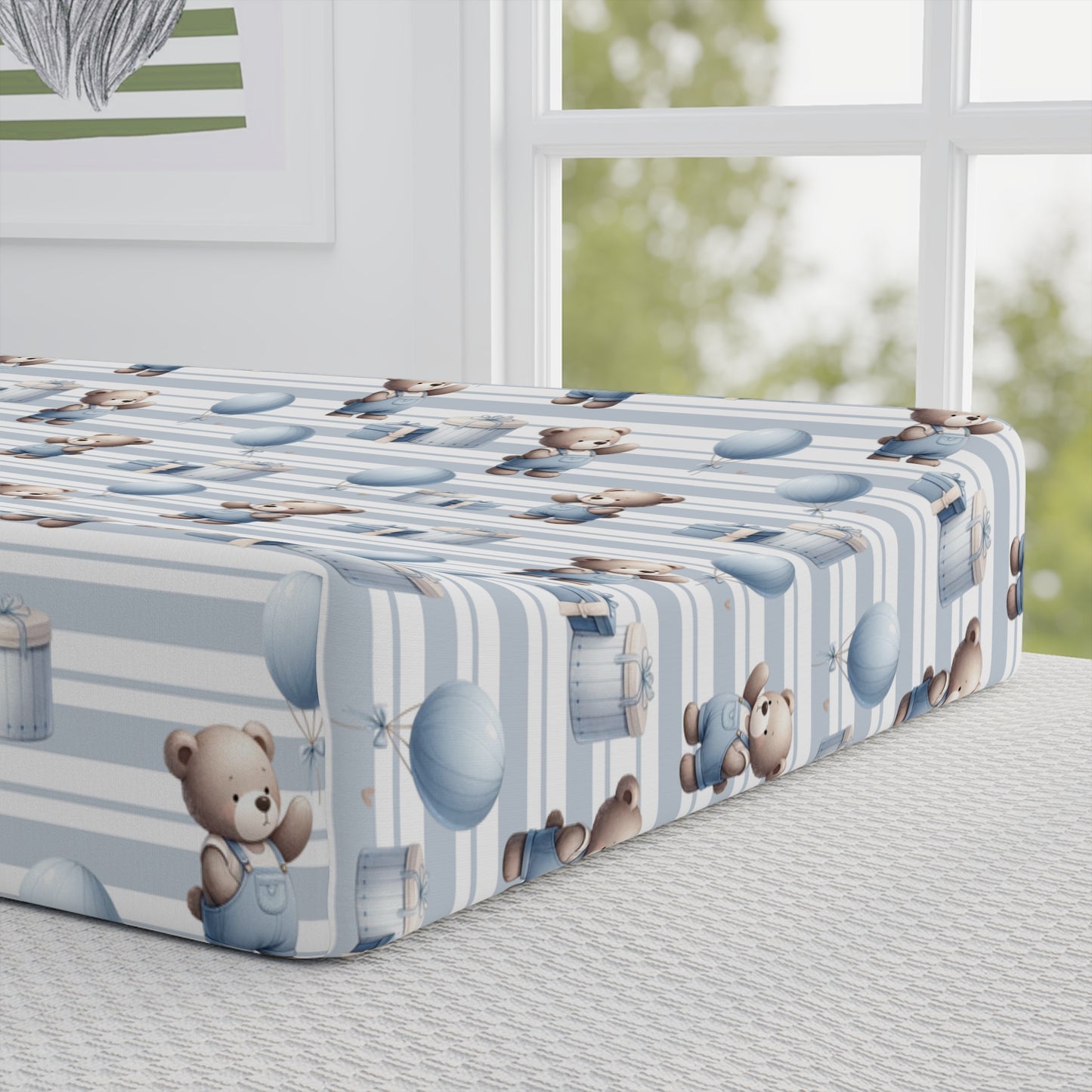 Personalized Blue Teddy Bear Baby Changing Pad Cover — Custom Name Newborn Nursery