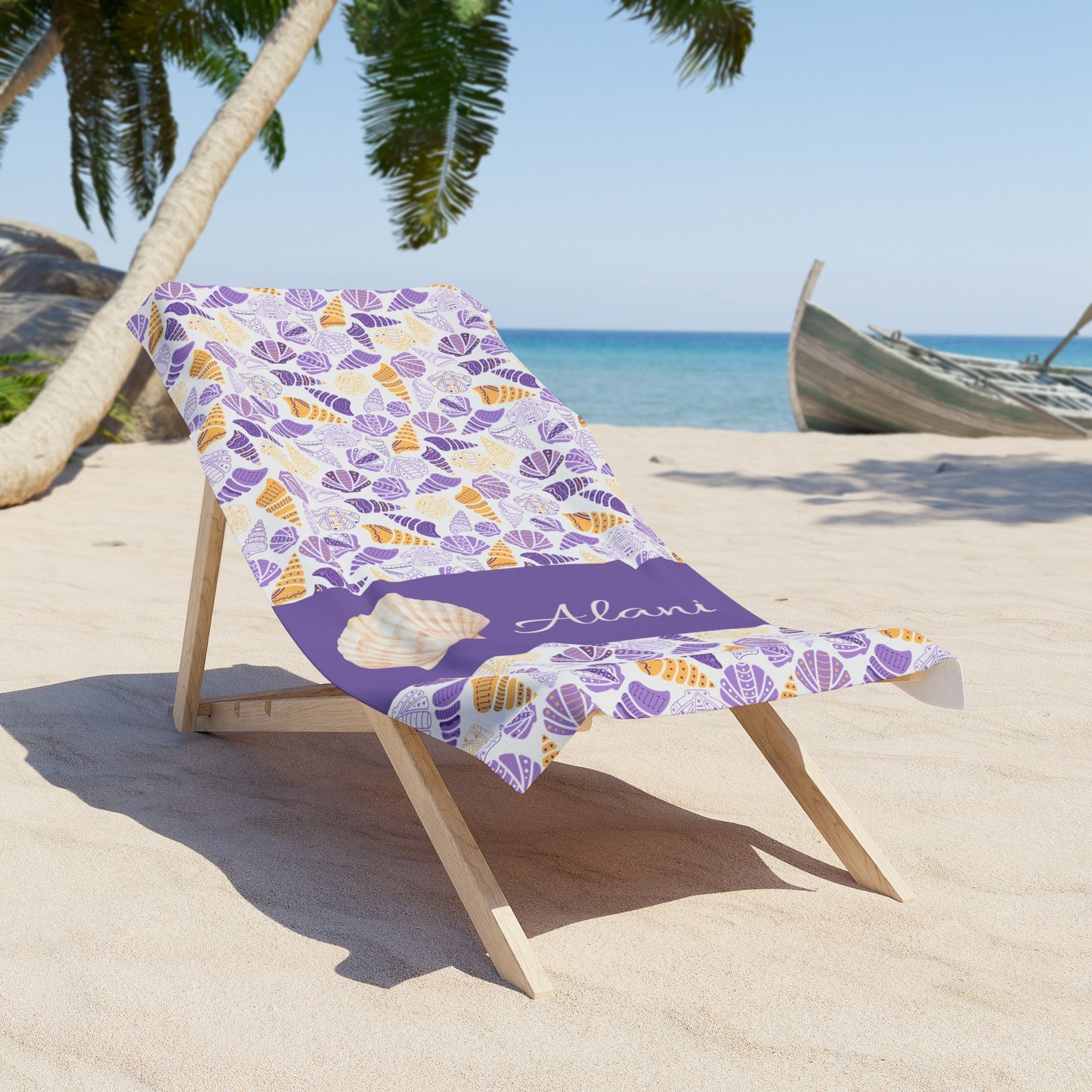 Personalized Purple Seashell Beach Towel — Custom Name Tropical Shell Pattern