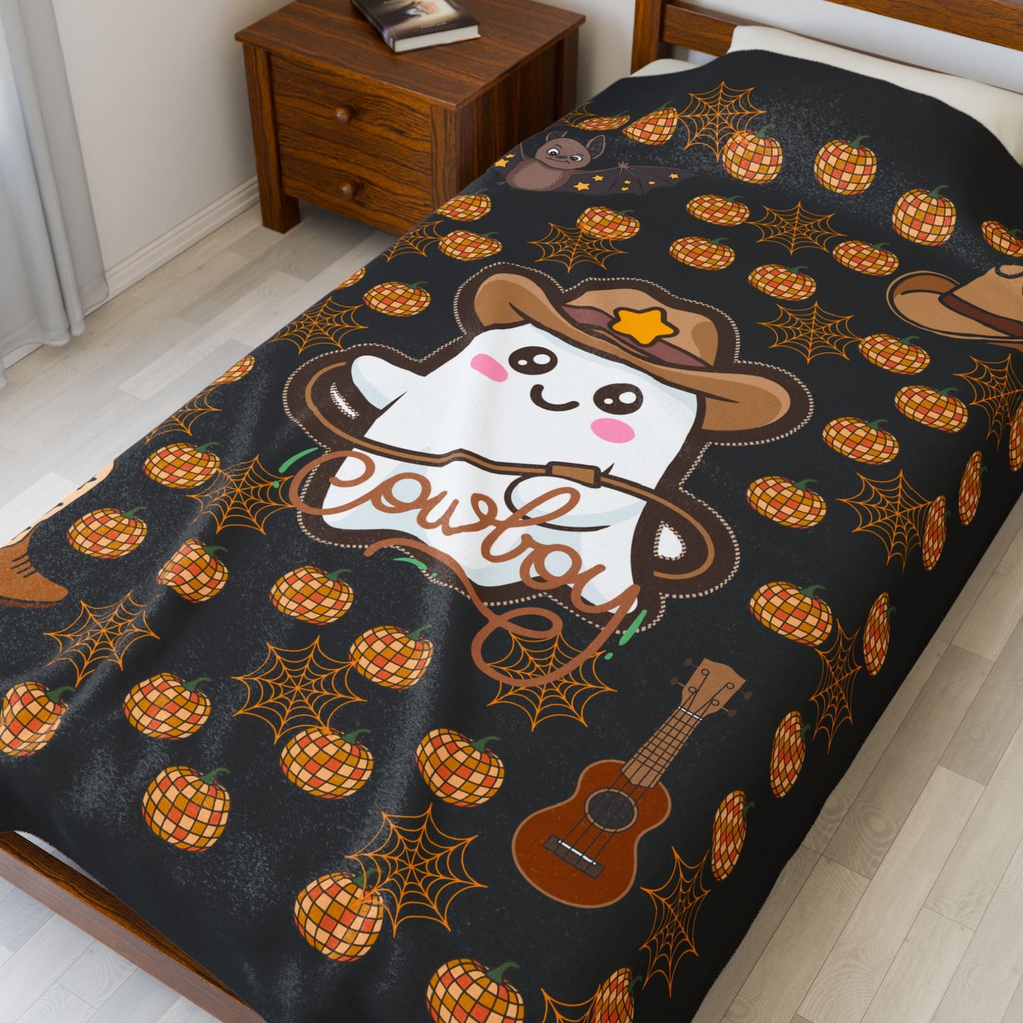Cowboy Ghost Plush Blanket, Cozy Throw, Halloween Decor, Gift for Kids, Cute Home Accessory, Soft Blanket for Fall