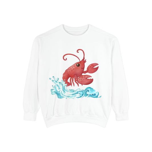 Cheerful red lobster emerging from stylized blue waves Unisex Garment-Dyed Sweatshirt