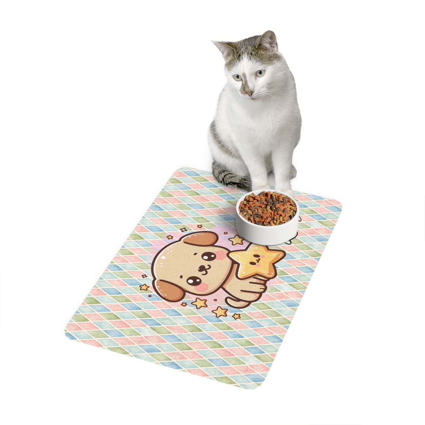 Cute Personalized Puppy Pet Food Mat (12x18) — Pastel Star Design