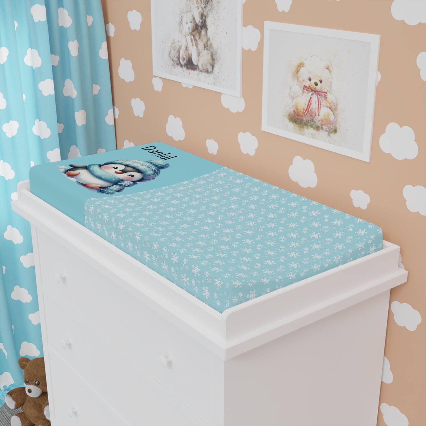 Personalized Blue Penguin Baby Changing Pad Cover — Snowflake Nursery Decor