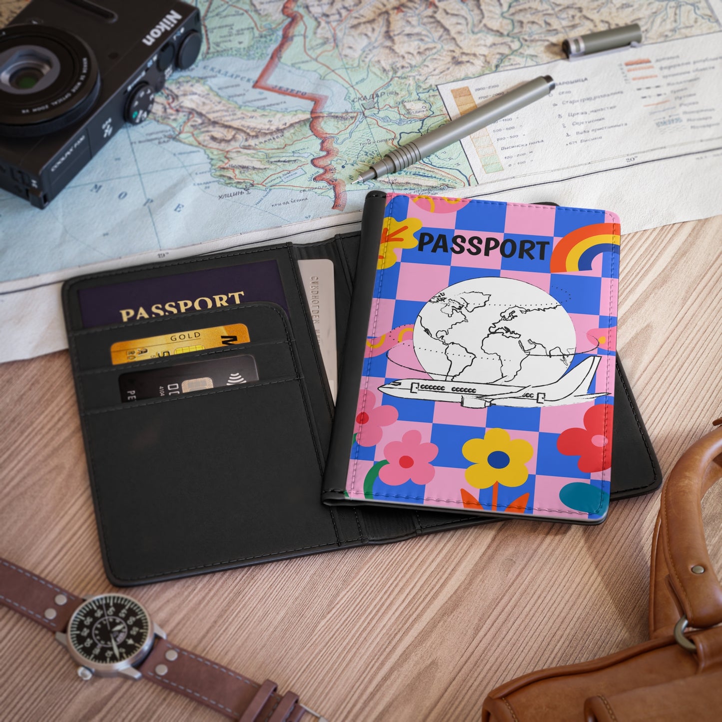 Passport Cover — Retro Floral Travel Passport Holder with Globe & Plane Design