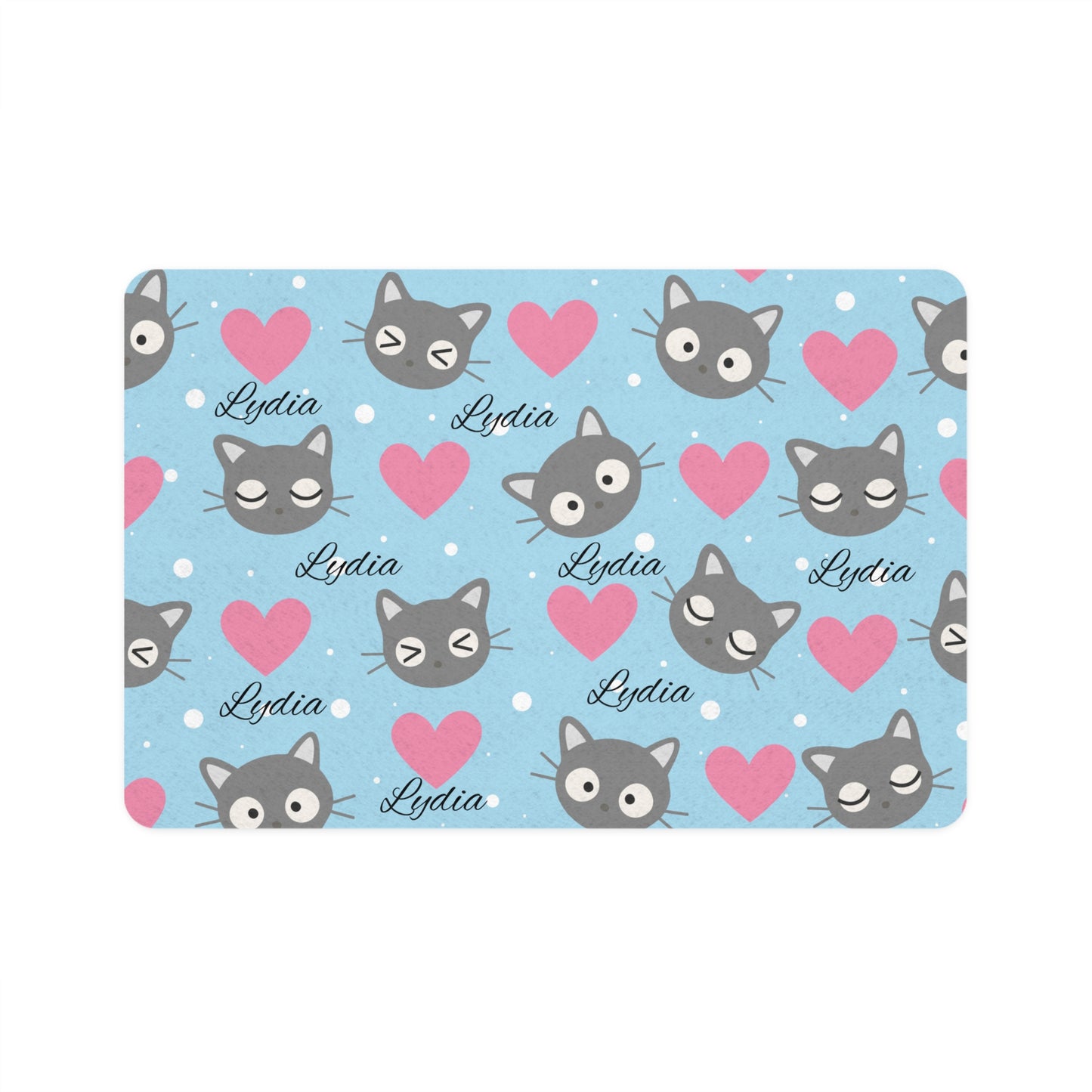 Personalized Cat Food Mat (12x18) — Blue Hearts & Gray Kitty Pattern with Name