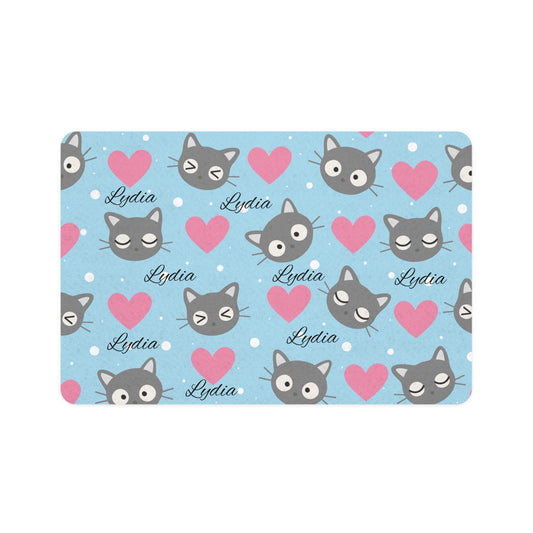 Personalized Cat Food Mat (12x18) — Blue Hearts & Gray Kitty Pattern with Name