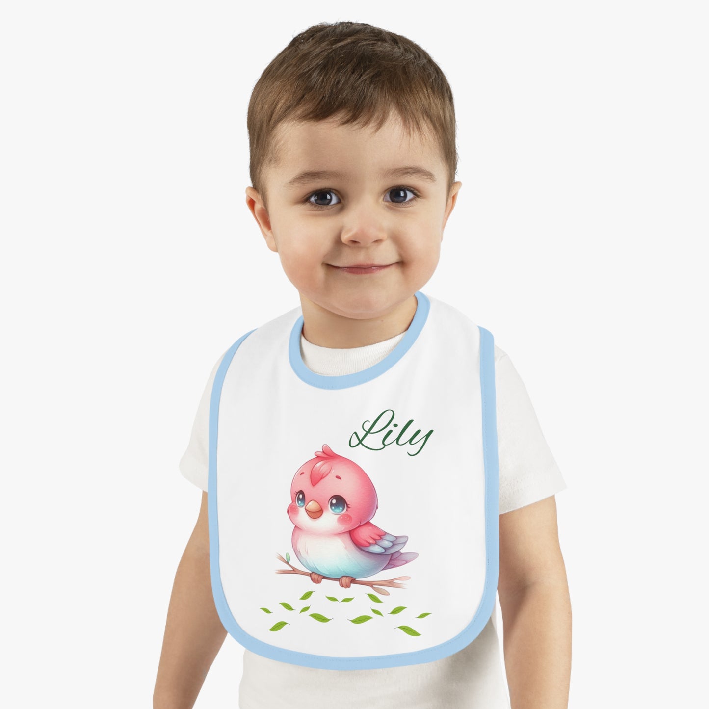 Personalized Baby Bib — Cute Pink Bird with Name (Lily) | Contrast Trim Jersey Bib