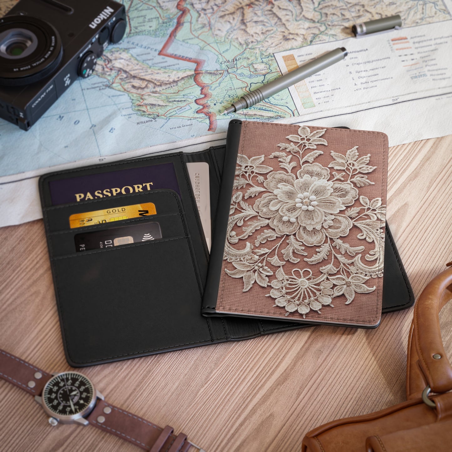 Lace Floral Passport Cover — Vintage Rose Travel Wallet