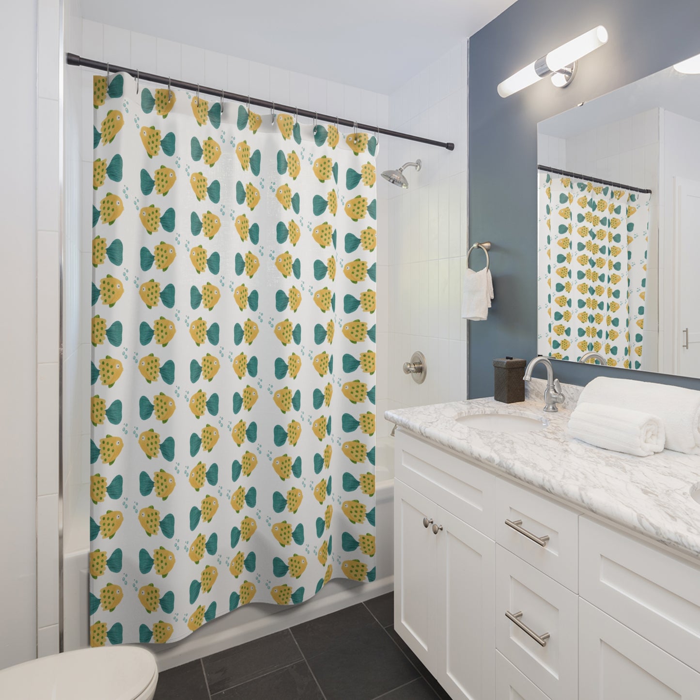 Fish Pattern Shower Curtain — Cute Yellow & Teal Fish Bathroom Decor