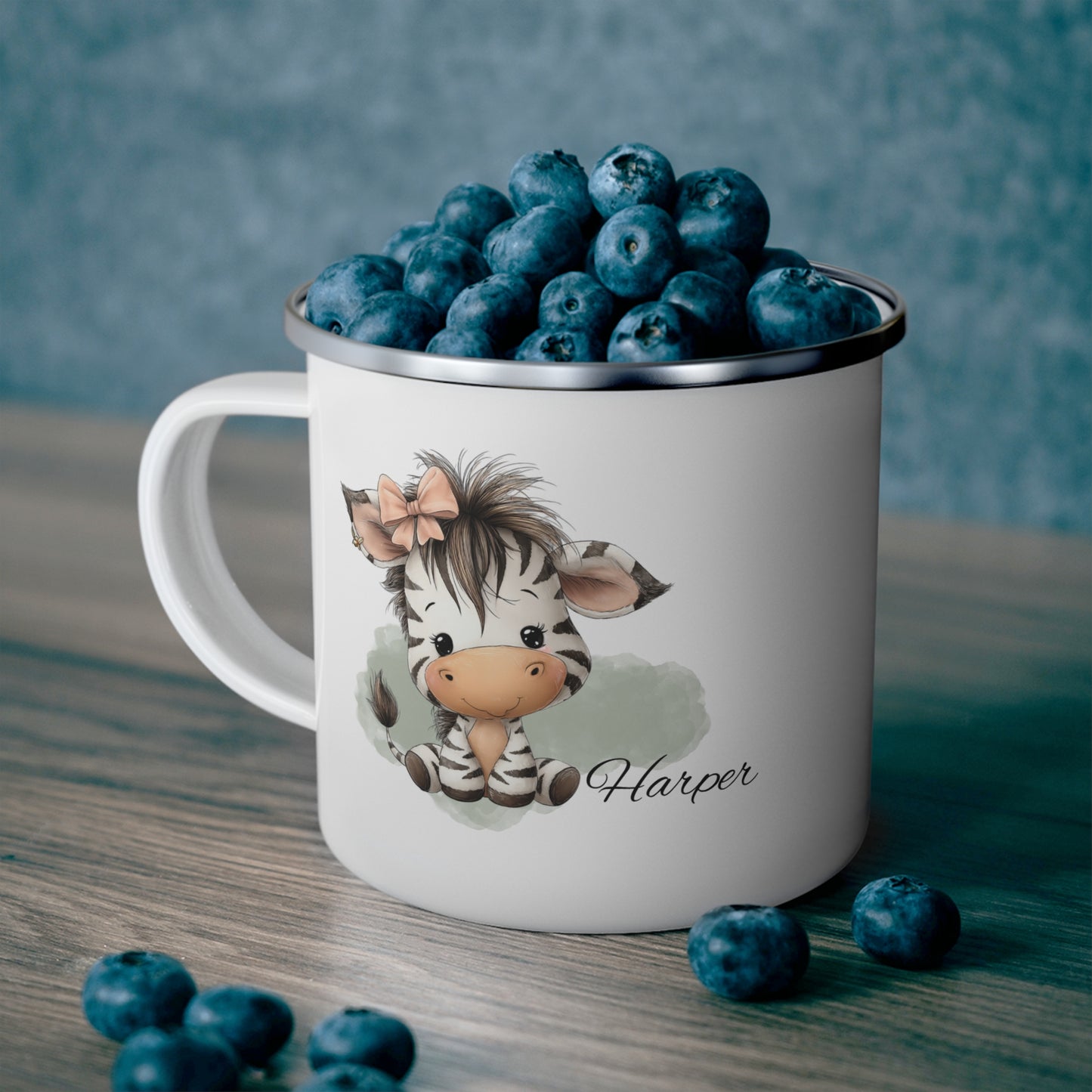 Personalized Zebra Enamel Camping Mug — Cute Baby Animal Camper with Name