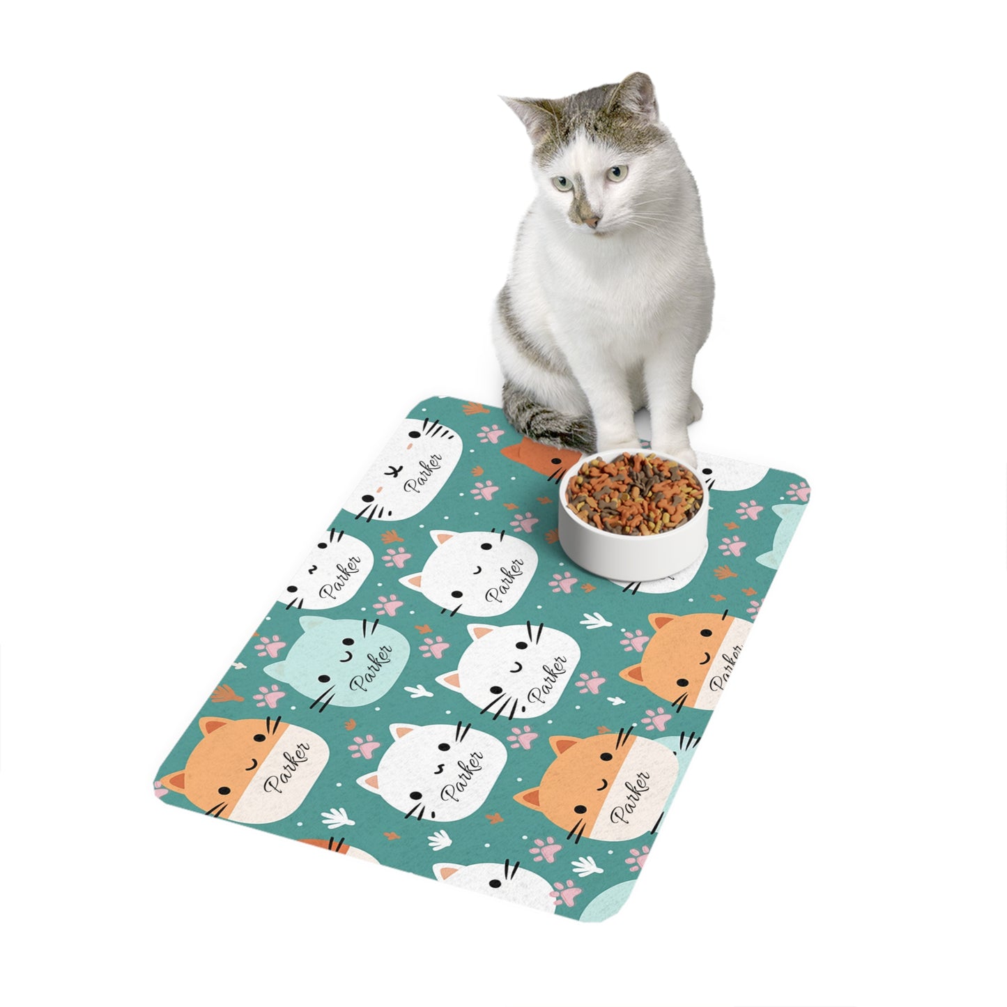 Personalized Cat Face Pet Food Mat (12x18) – Cute Kawaii Cat Bowls Placemat, Custom Name "Parker"