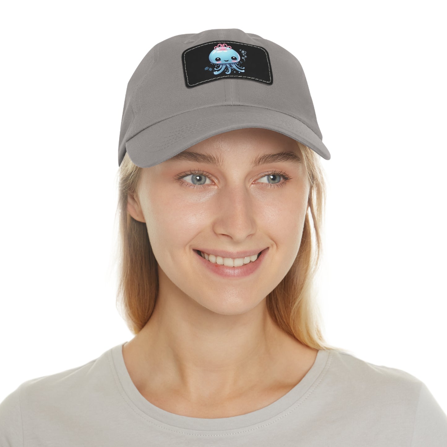 Blue jellyfish with a pink tiara Dad Hat with Leather Patch (Rectangle)