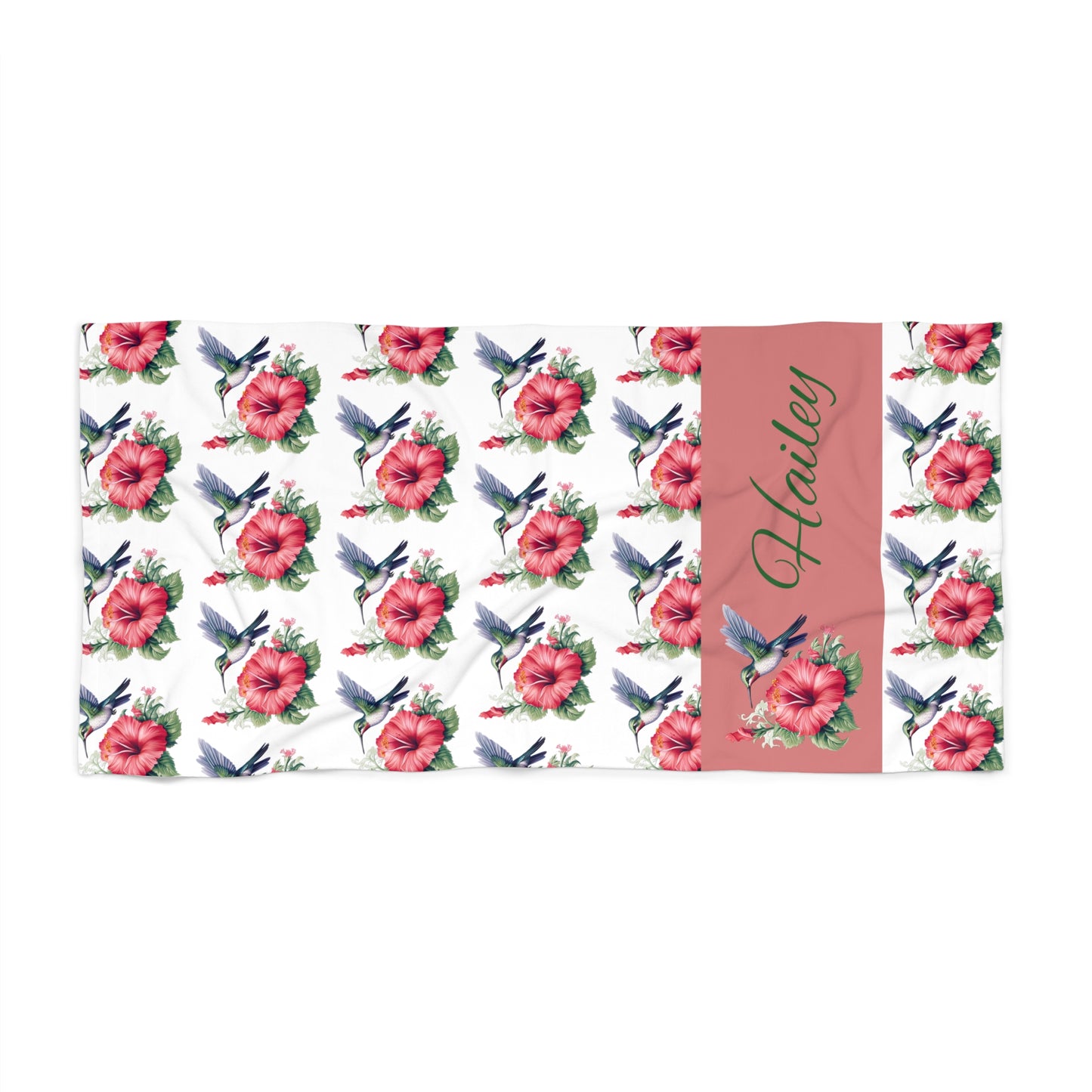 Personalized Floral Hummingbird Beach Towel — Custom Name (e.g., Hailey)