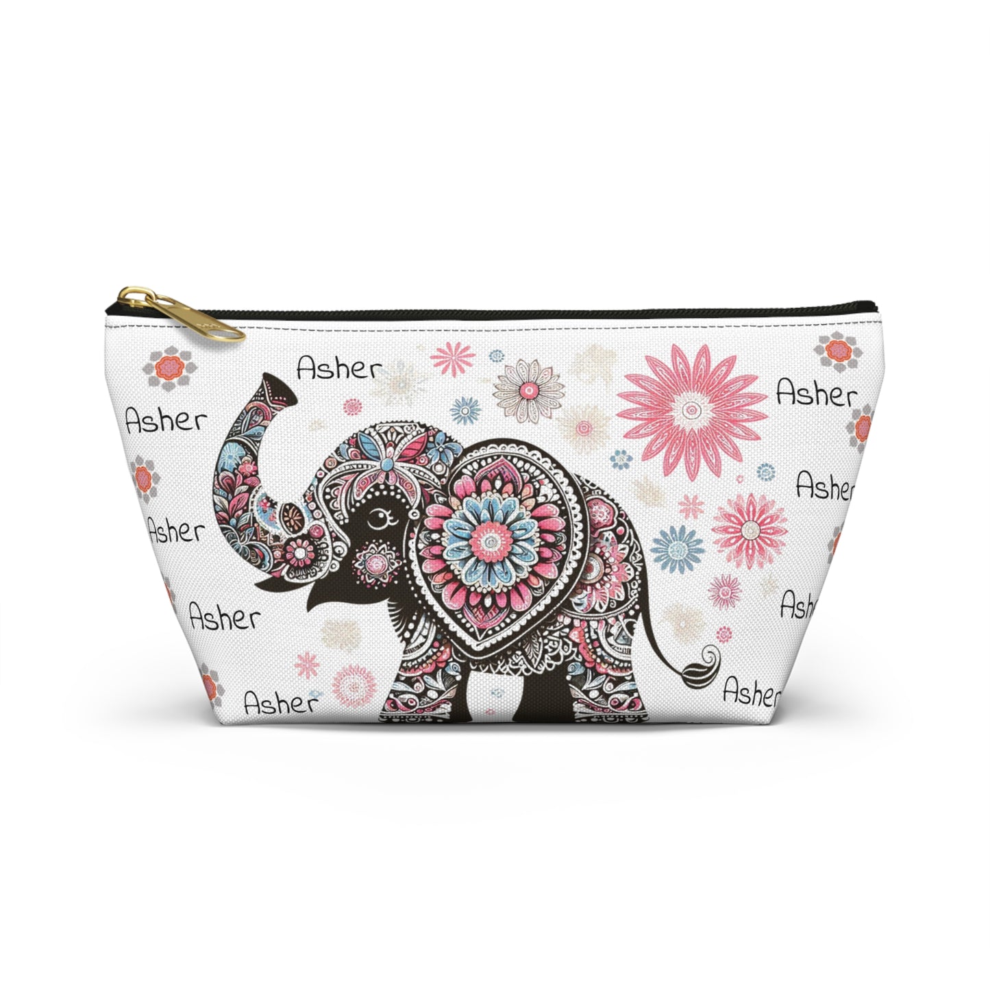 Personalized Elephant Accessory Pouch — Floral T-Bottom Makeup Bag