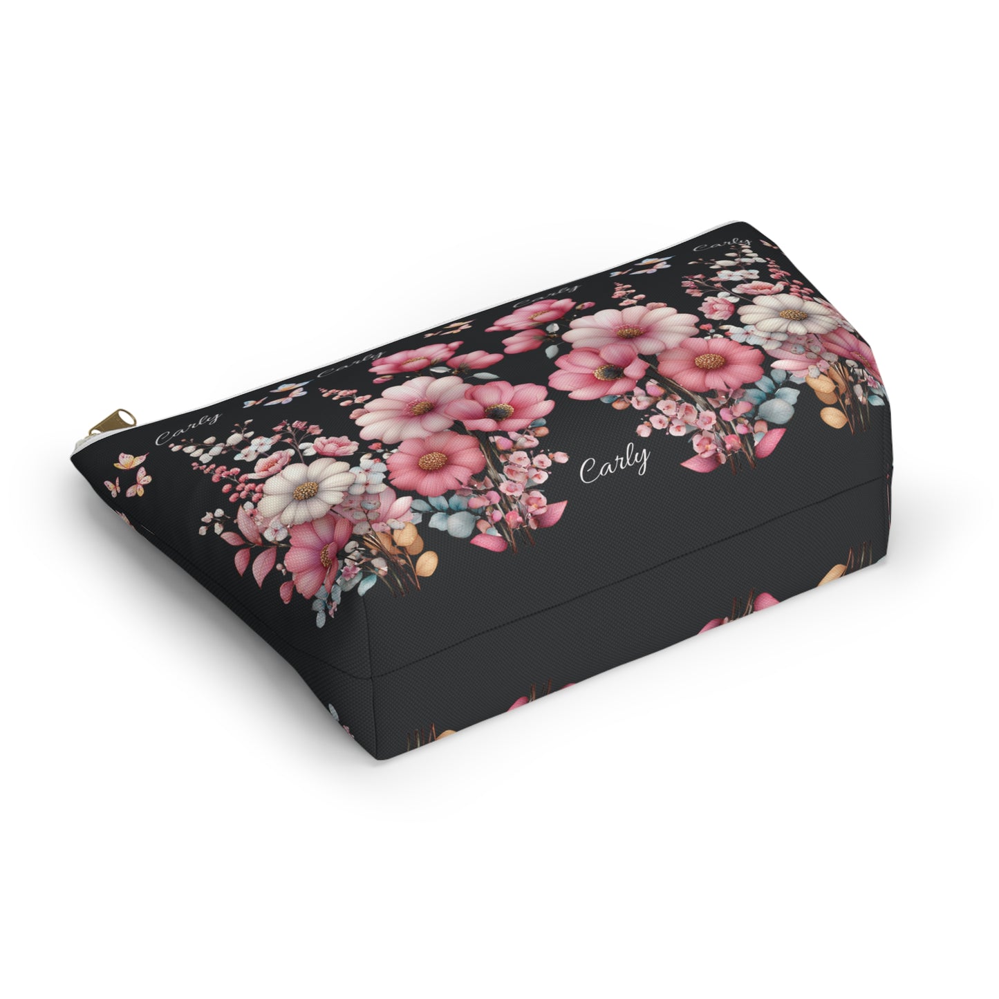 Floral Cosmetic Pouch with Pink Blooms — Personalized 'Carly' Accessory Bag