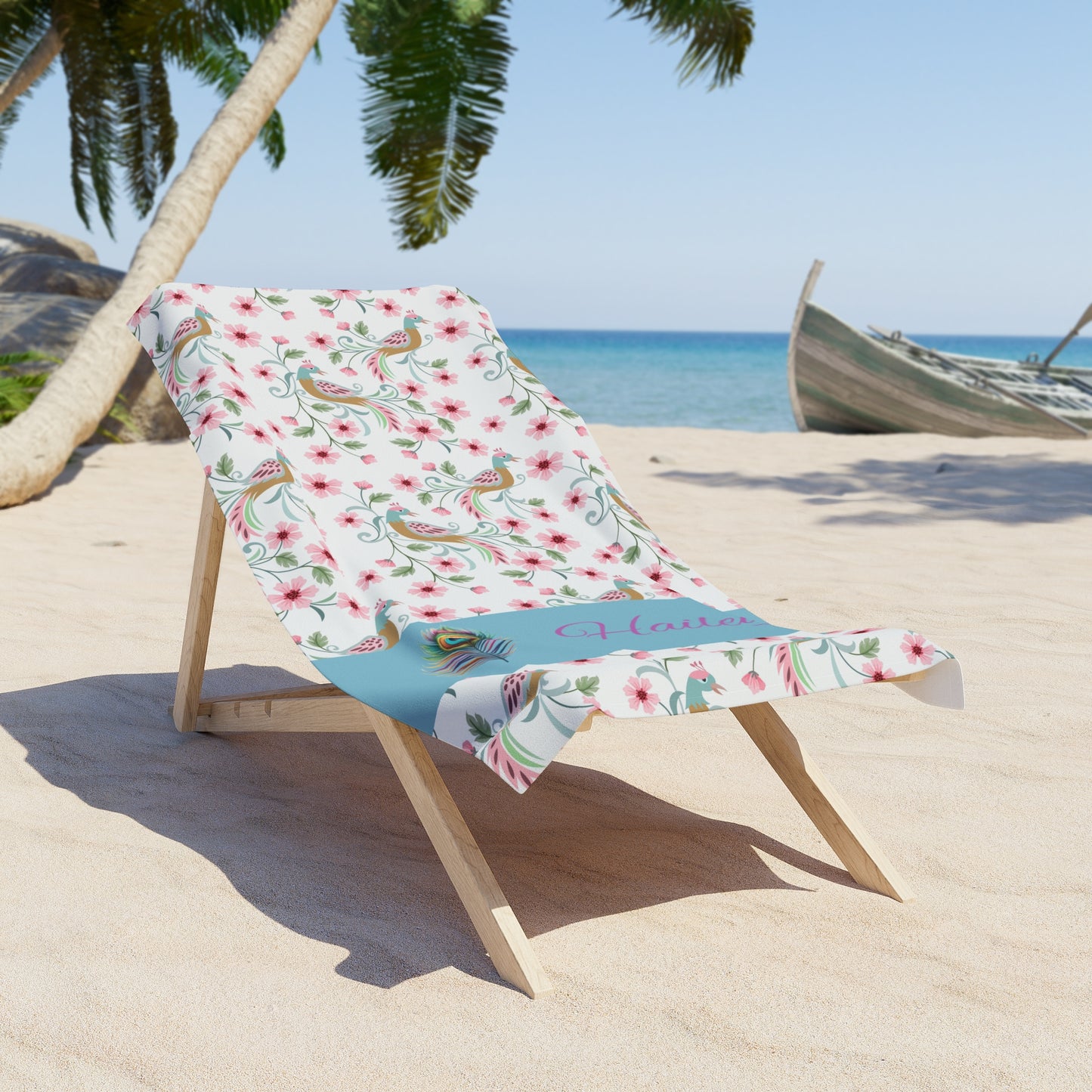 Personalized Floral Peacock Beach Towel — Custom Name Tropical Pool Towel