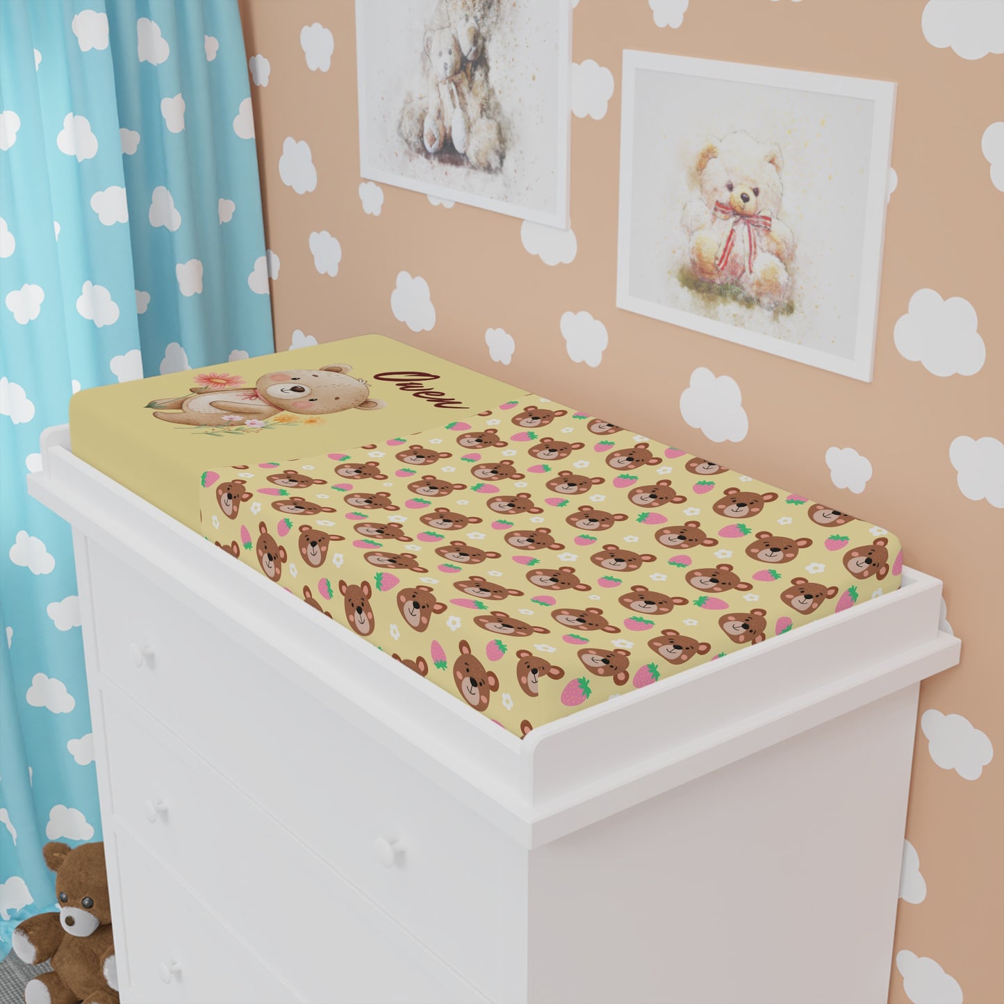 Baby Changing Pad Cover — Cute Teddy Bear Pattern, Personalized Name Option