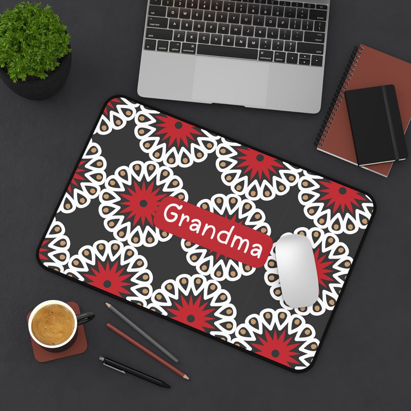 Grandma Floral Desk Mat — Personalized Red & White Patterned Office Mouse Pad