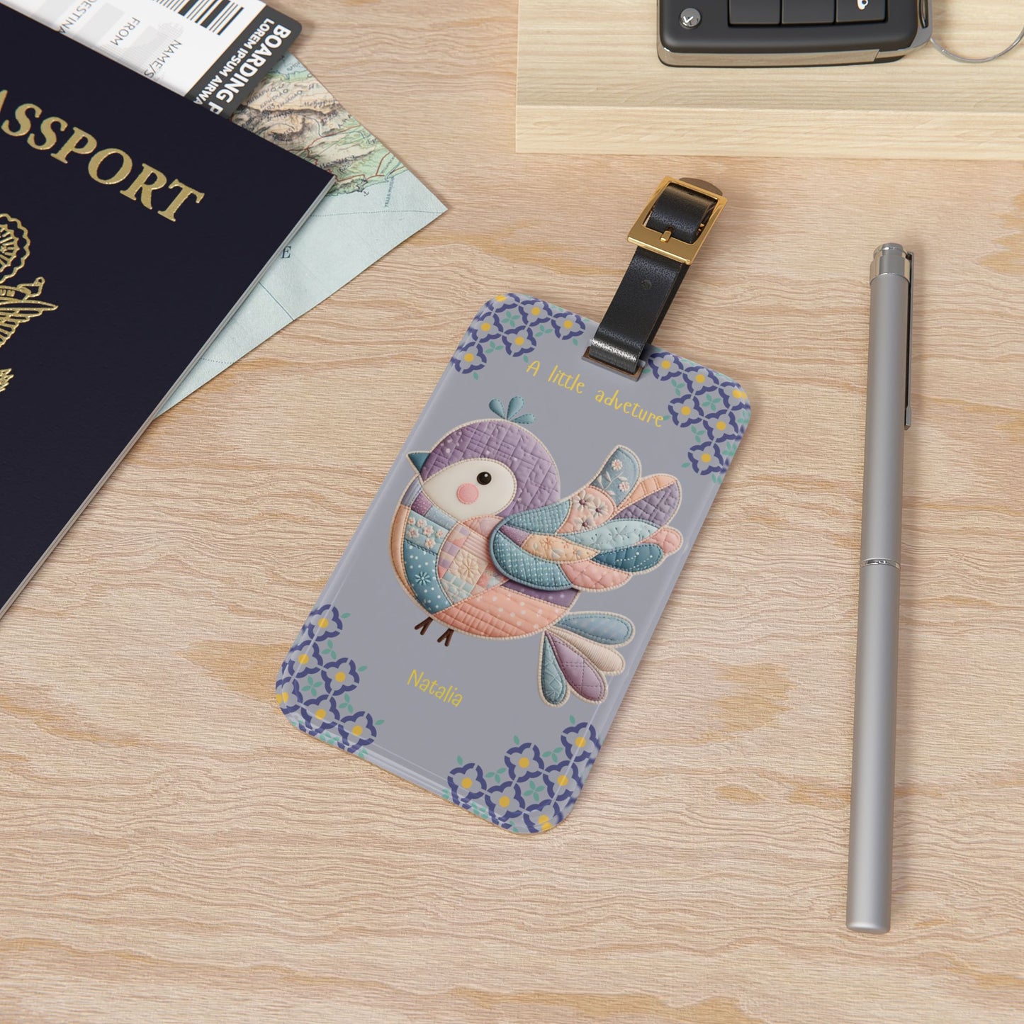 Luggage Tag — Pastel Quilted Bird "A Little Adventure" Personalized Travel Tag