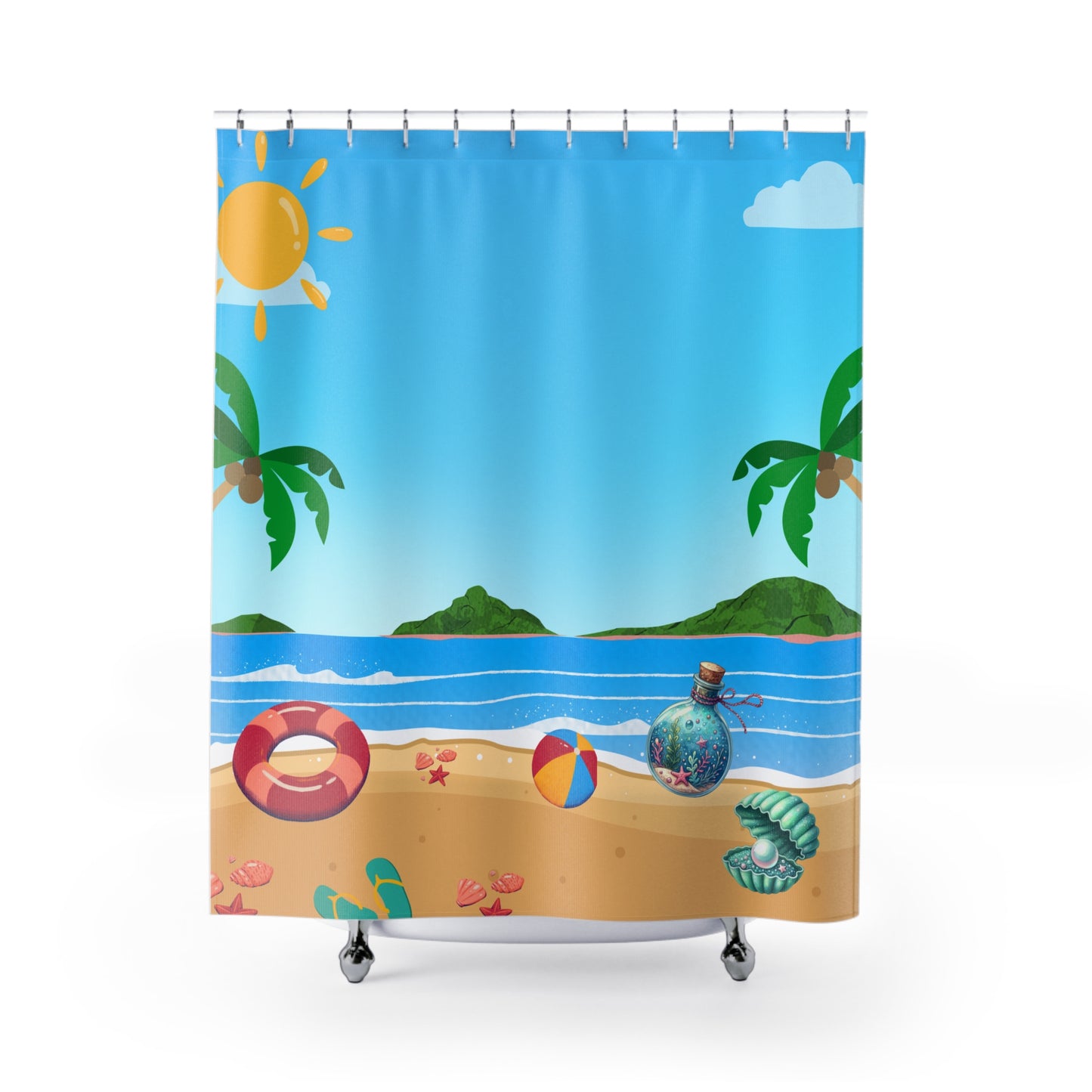 Beach Scene Shower Curtain - Tropical Palm, Seashell & Beach Ball Bathroom Decor
