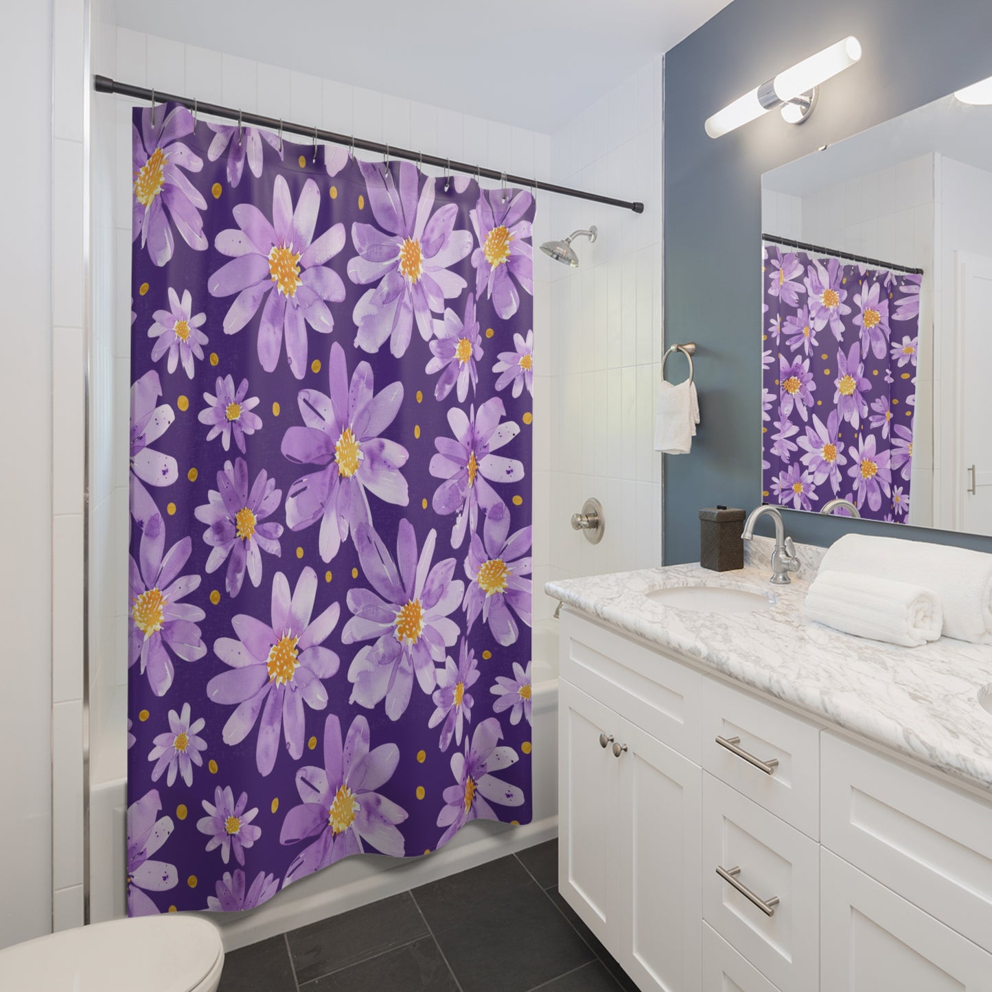 Purple Daisy Floral Shower Curtain — Vibrant Lavender Flowers on Deep Plum Background