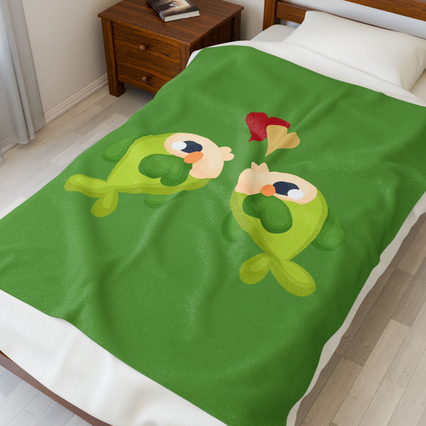 Two hearts float between the fish one red and one yellow Velveteen Plush Blanket